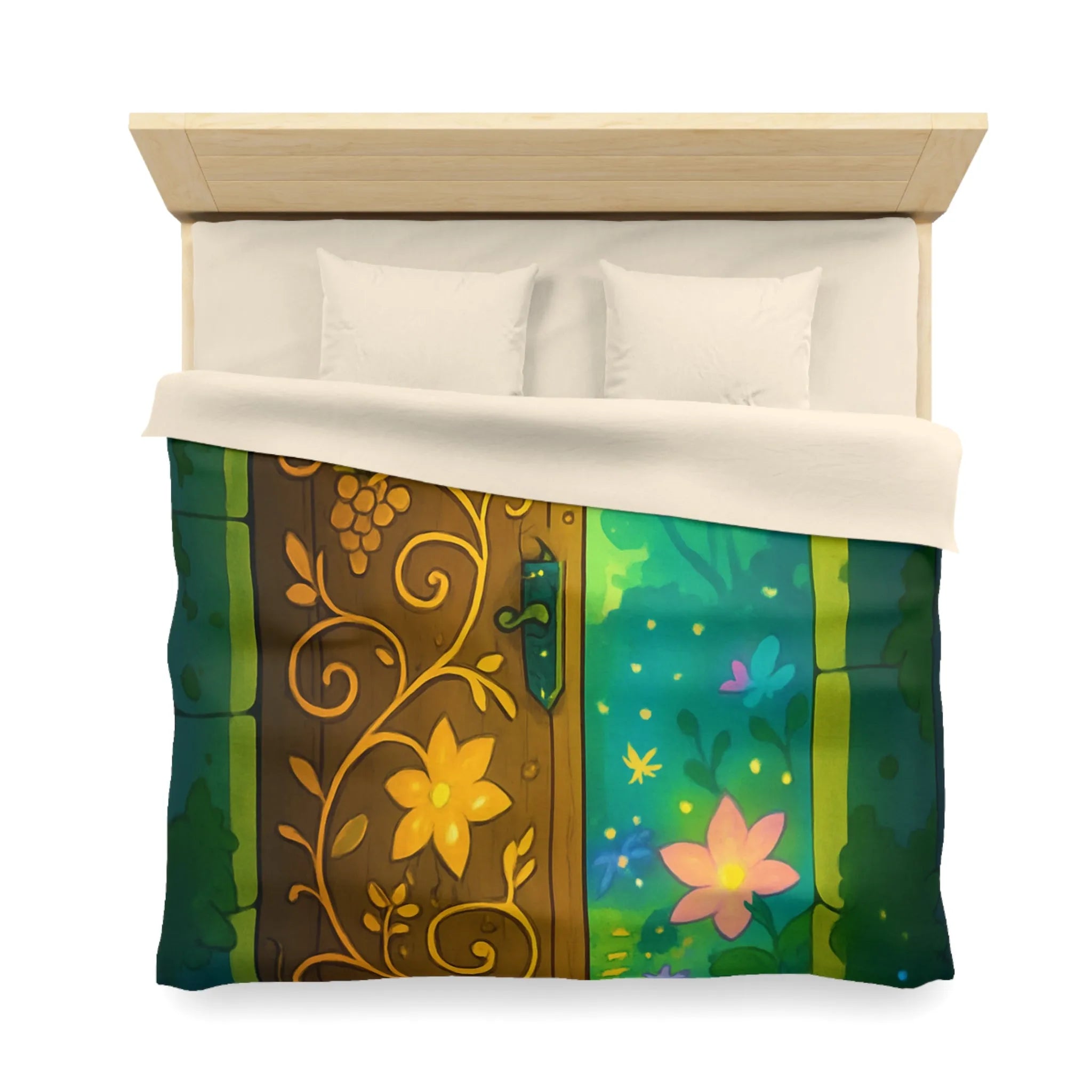 Housse de couette magique avec motif de porte mystique illuminée et papillons colorés