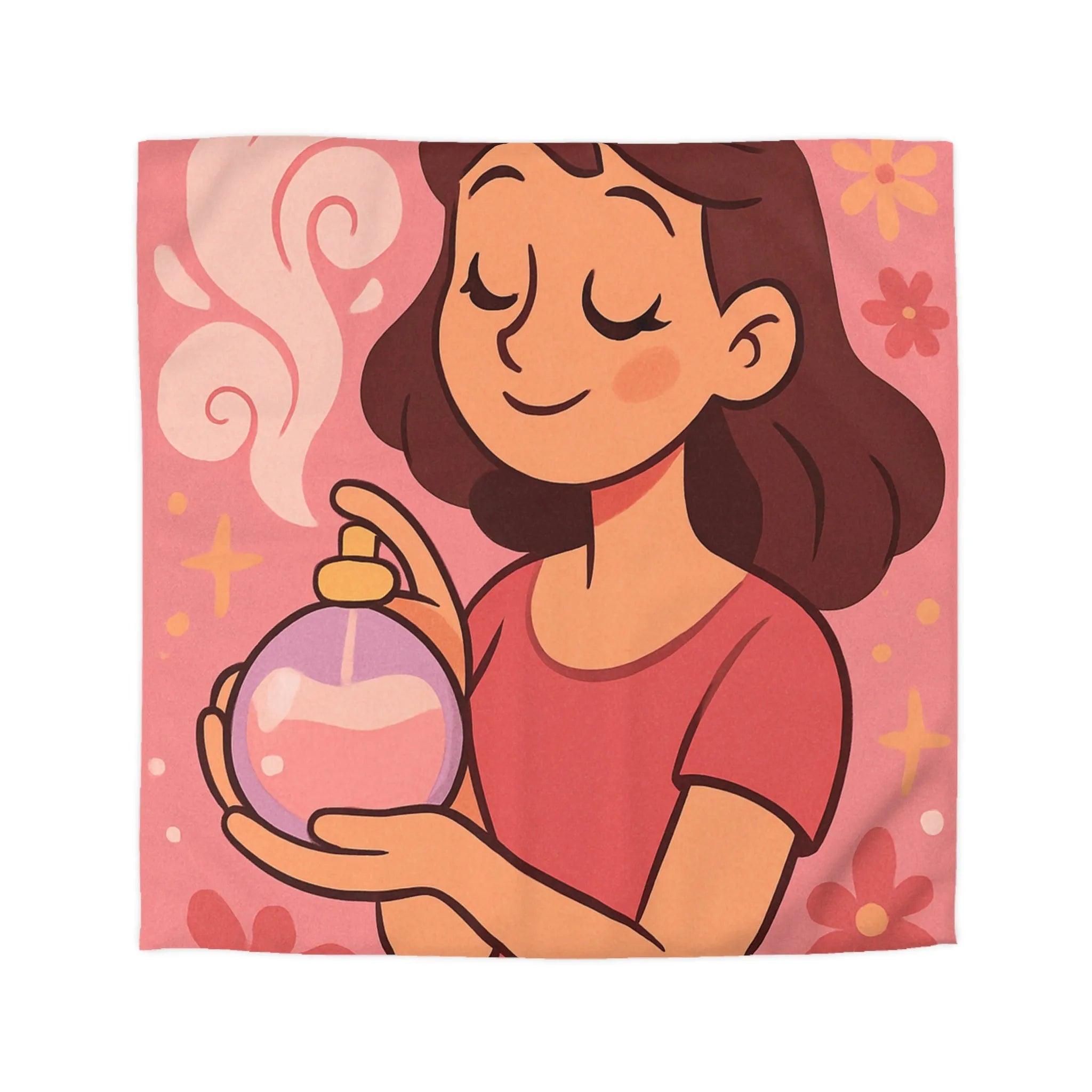 Housse de couette illustration parfum avec femme souriante tenue bouteille contre fond rose