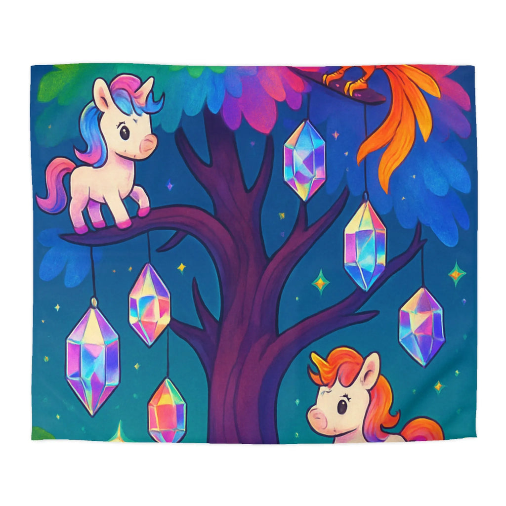 Housse de couette enfantine avec licornes, phénix, arbre magique et cristaux lumineux