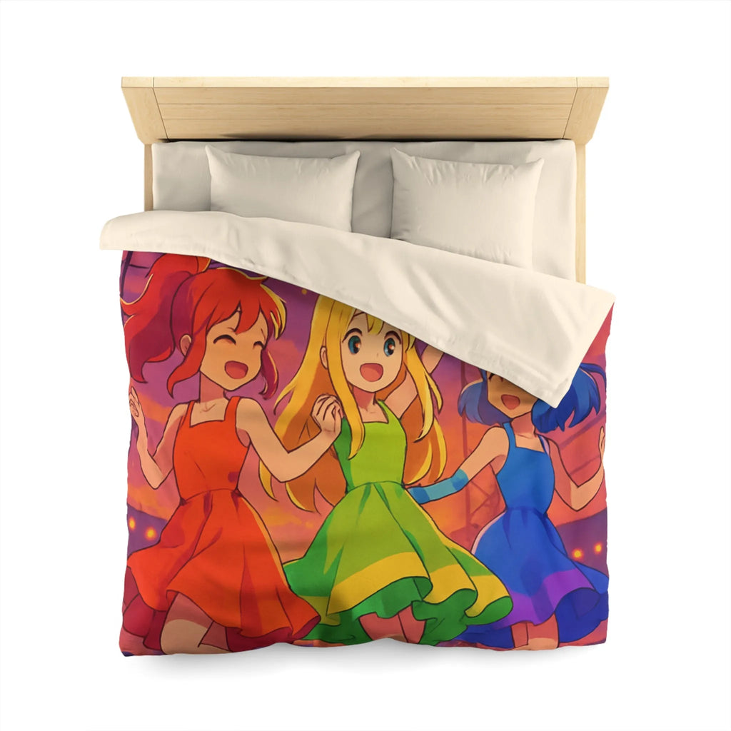 Housse de Couette Colorée avec Trois Amies Dansant sur une Scène Éclairée de Nuit
