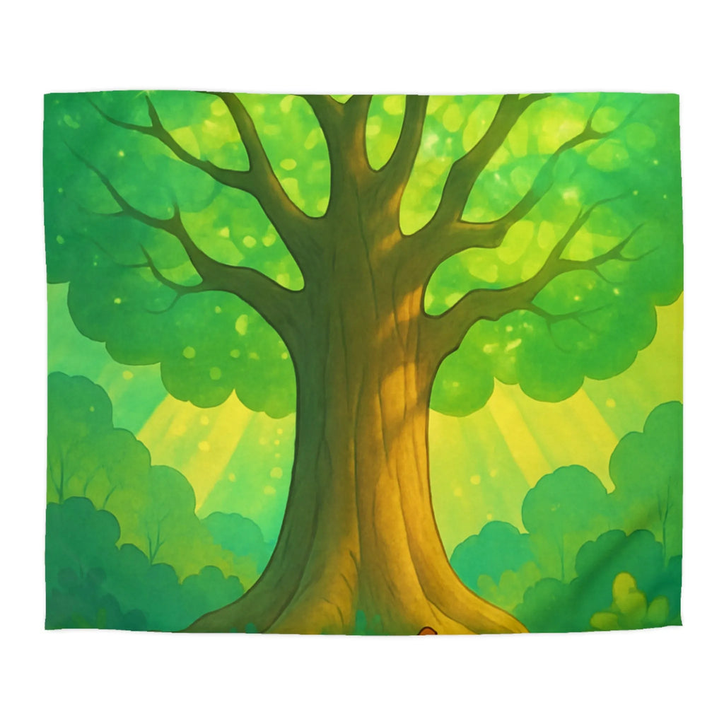 Charmante forêt enchantée avec animaux espiègles sous un majestueux arbre scintillant illustré