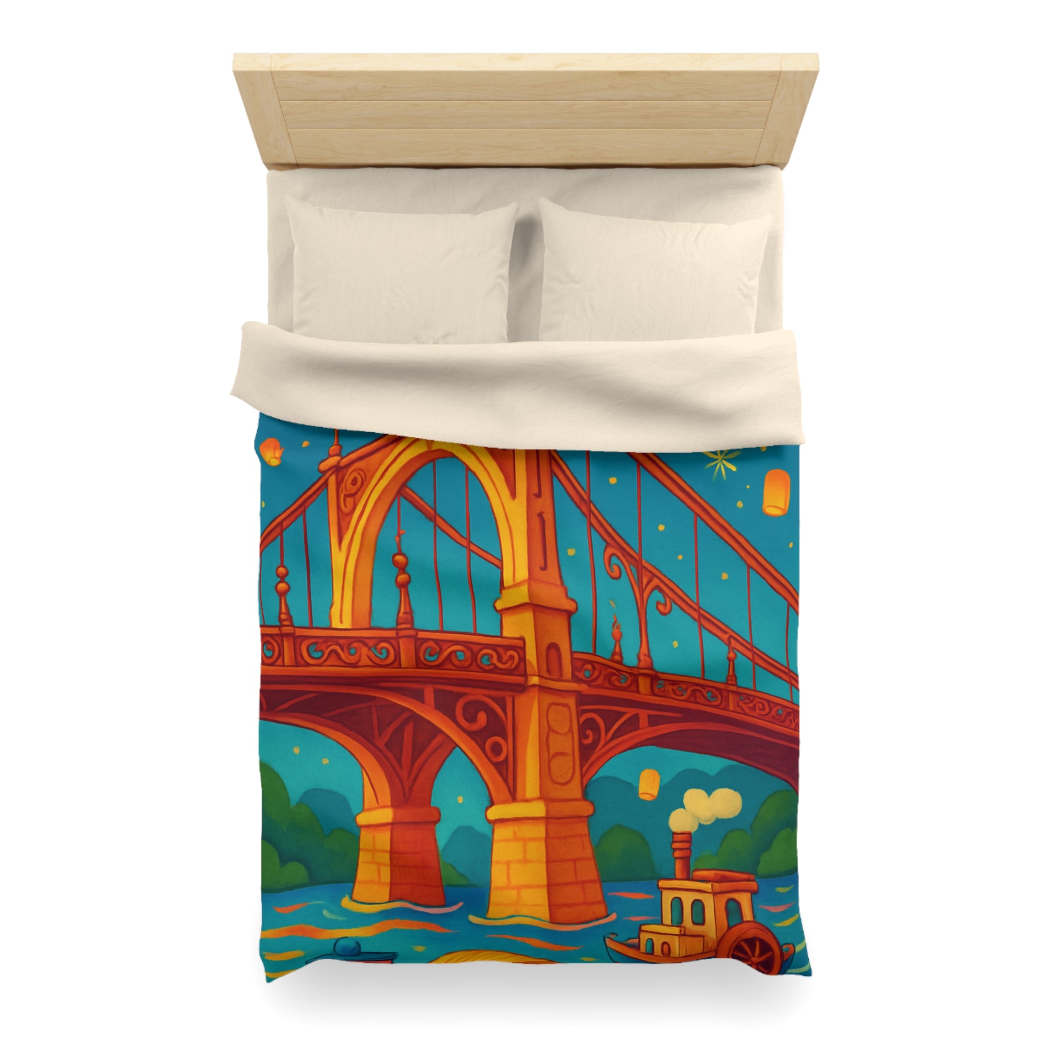 Housse de couette pont festif avec feux d'artifice et lanternes surréaliste colorée