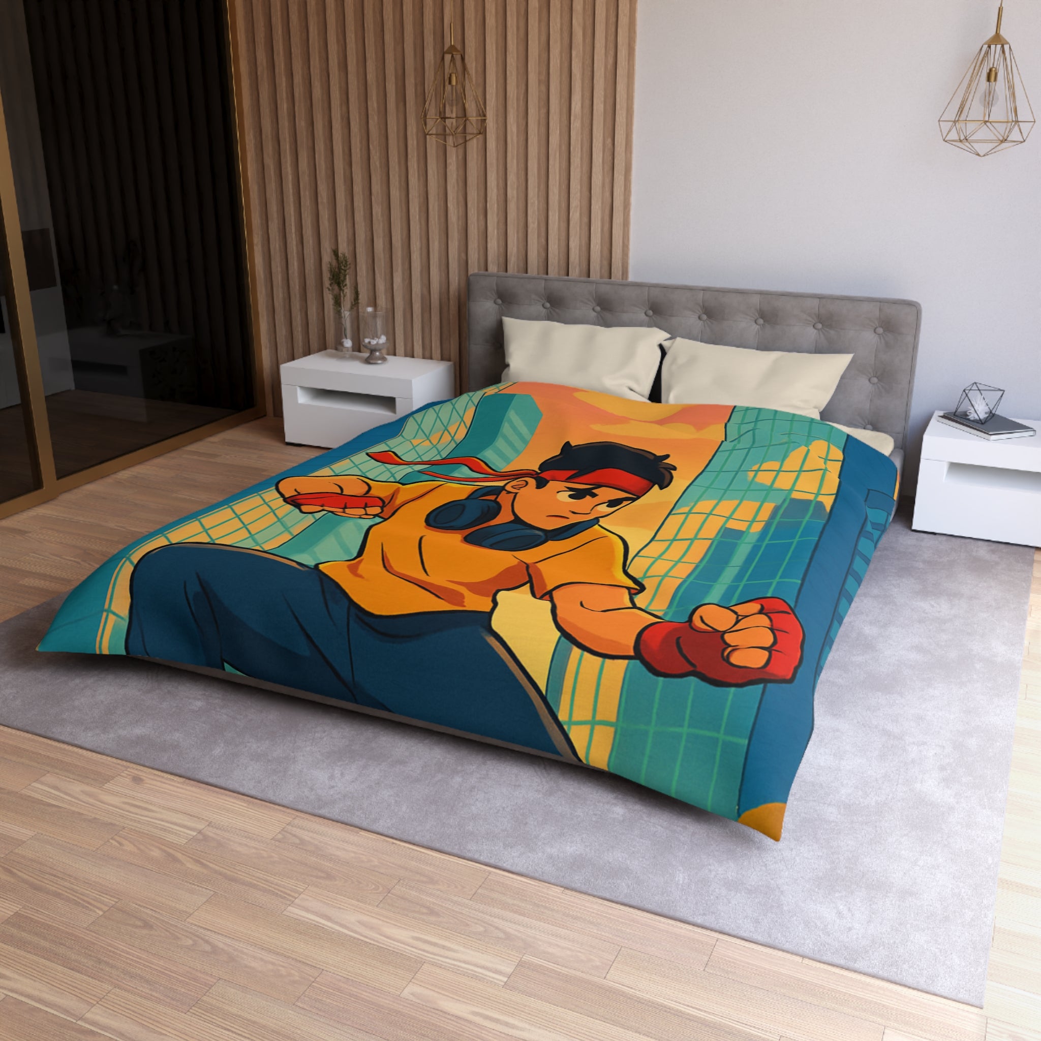 Housse de Couette Style Urbain Colorée avec Jeune Héros en Ville Moderne