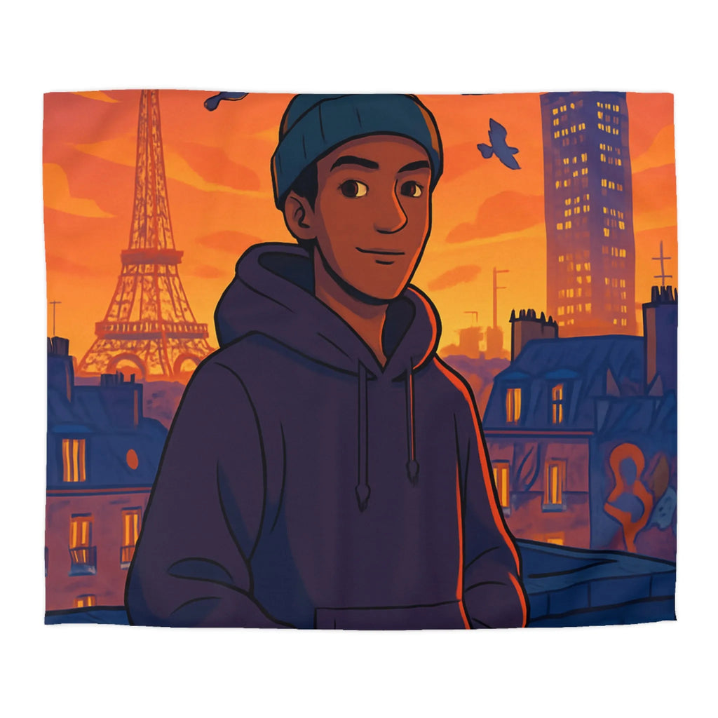 Housse de couette colorée avec ville, tour emblématique et vol de pigeons au crépuscule