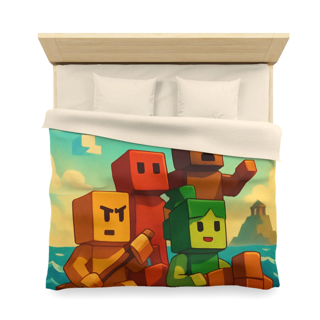 Housse de couette colorée avec personnages pixelisés sur un bateau en mer agité