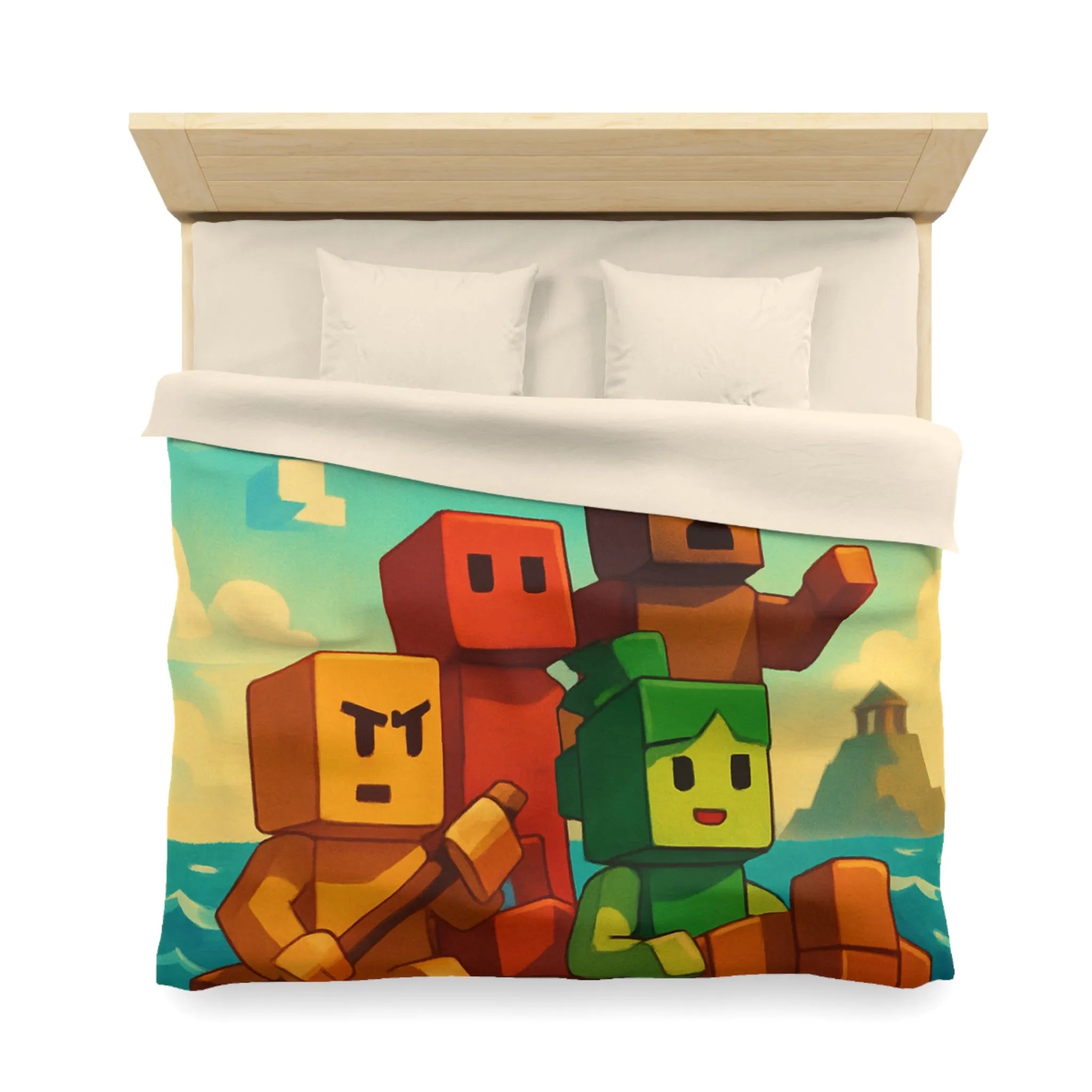 Housse de couette colorée avec personnages pixelisés sur un bateau en mer agité