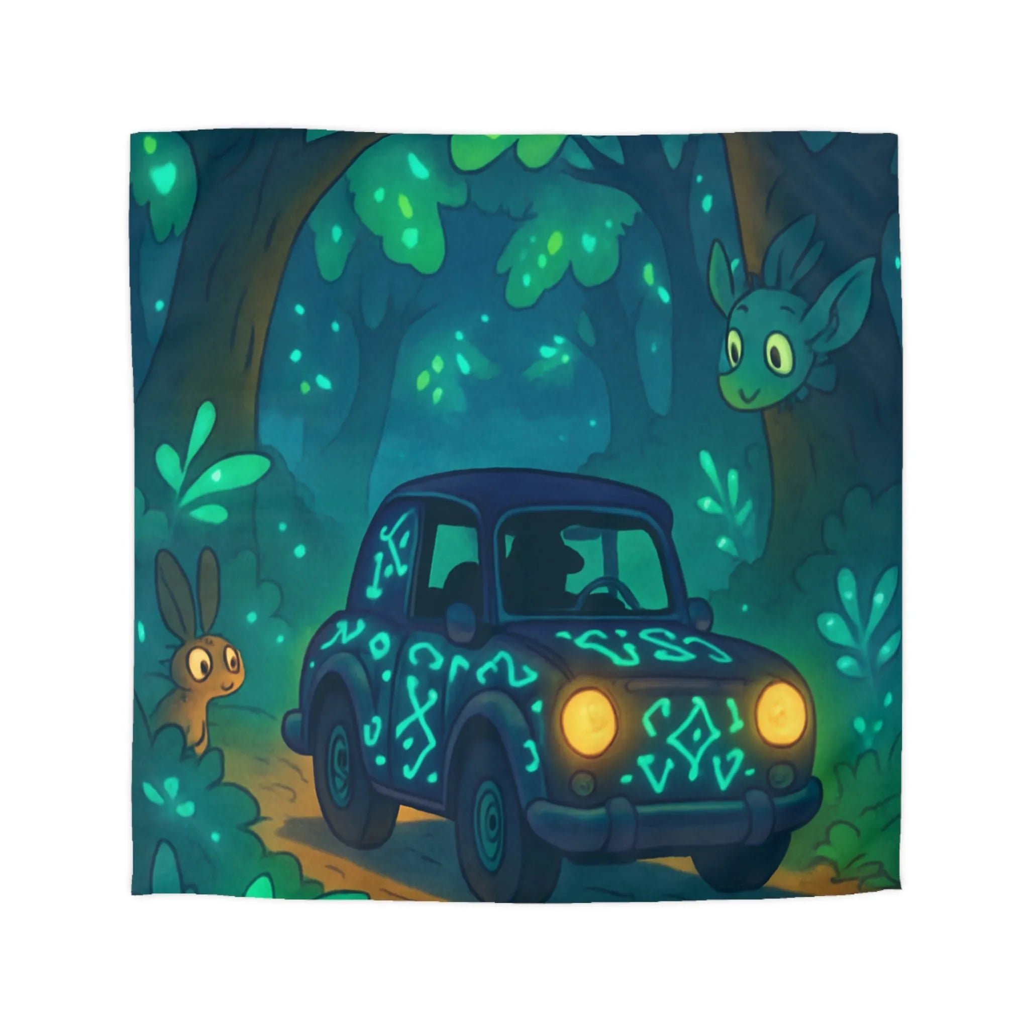 Housse de Couette Enchantée avec Voiture Vintage et Animaux dans Forêt Magique