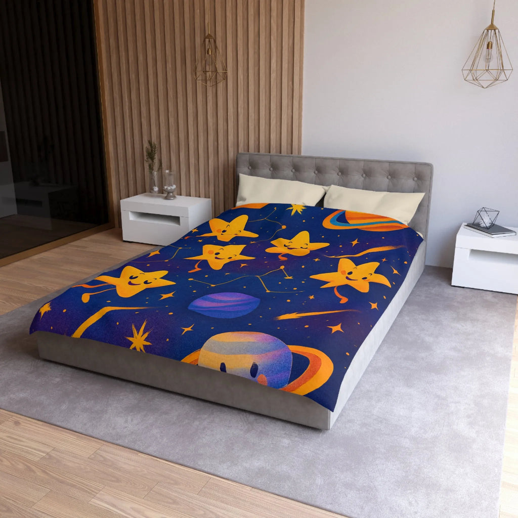 Housse de couette avec étoiles souriantes et planètes cartoon pour chambre d'enfant