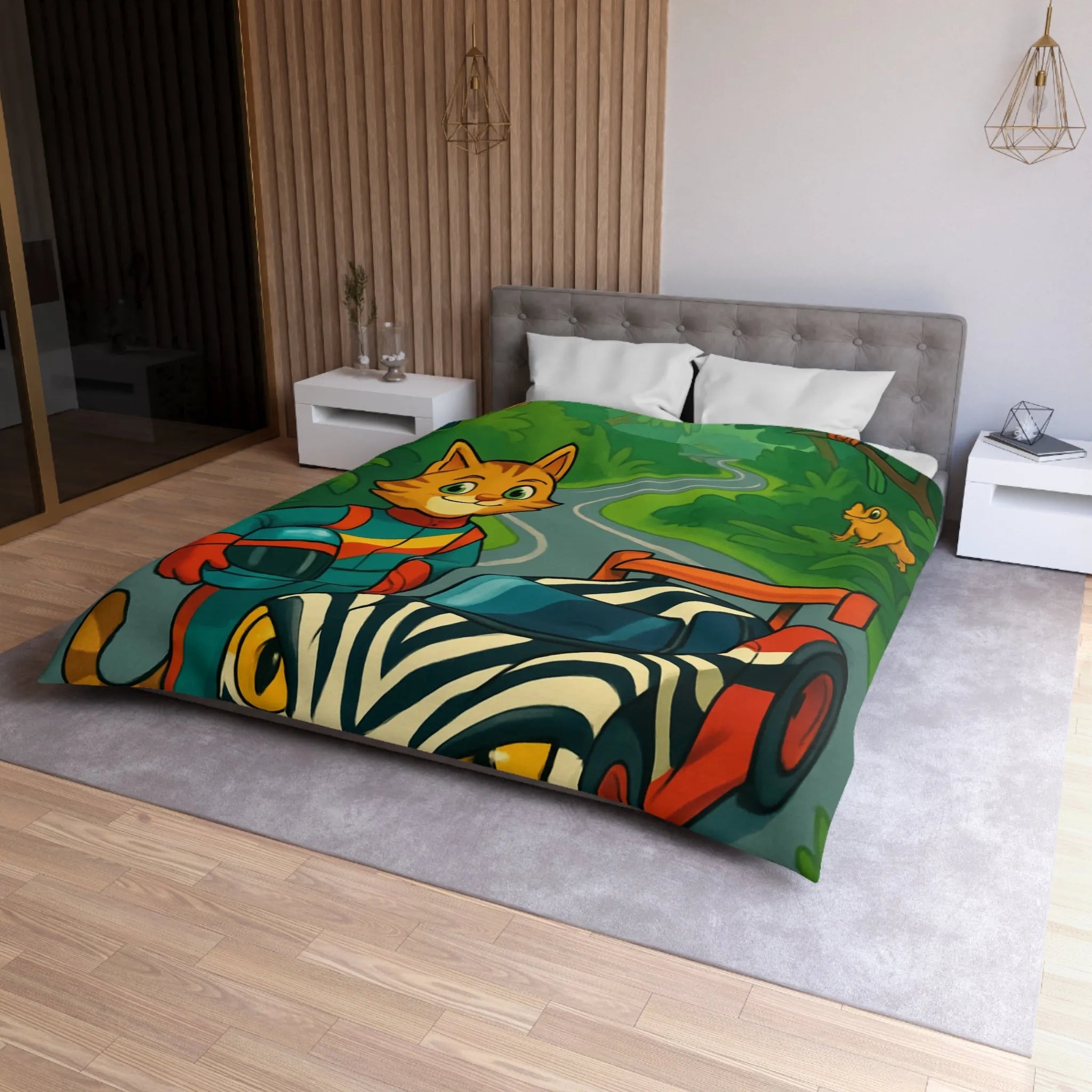 Housse de couette illustrée avec pilote chat, voiture zébrée et jungle luxuriante