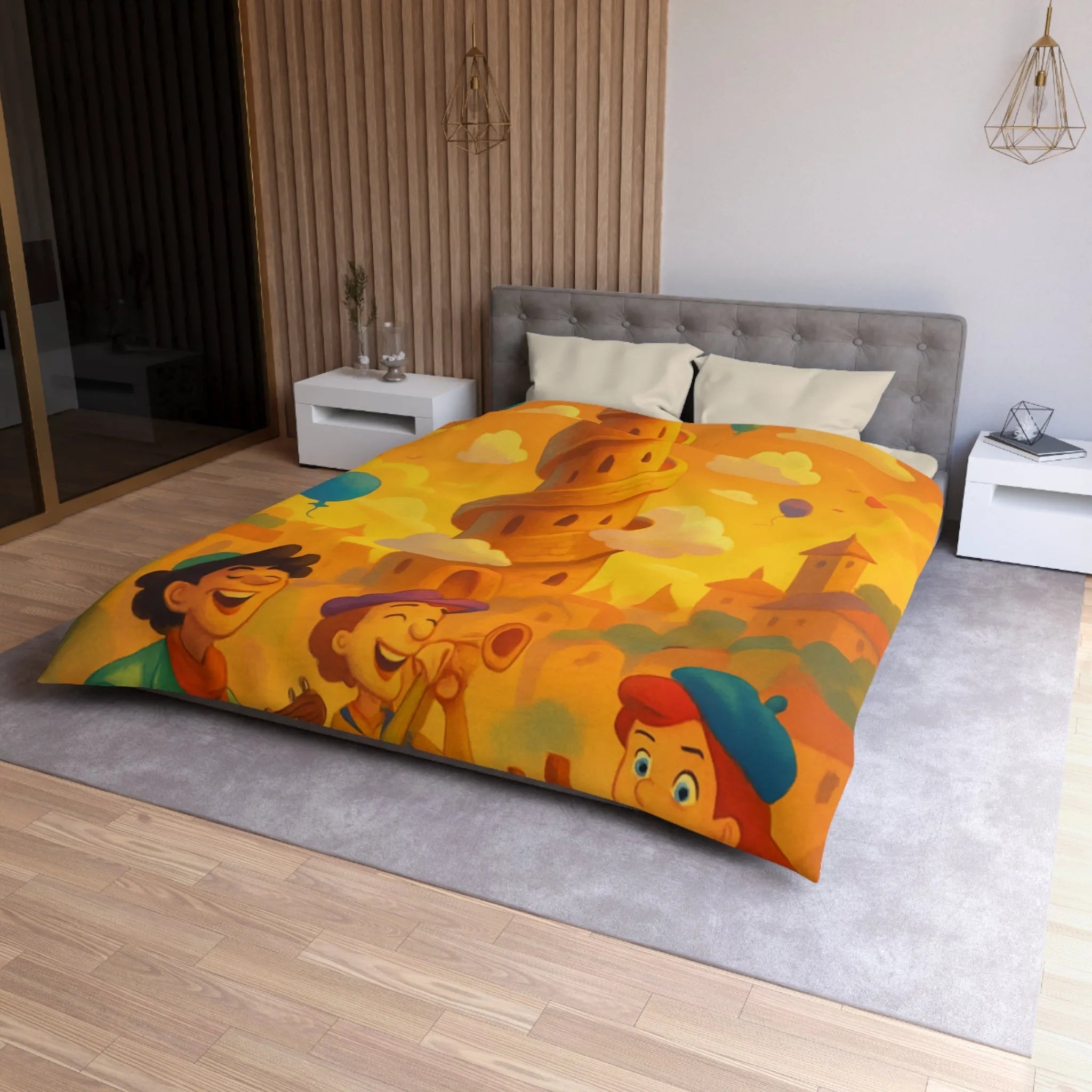 Housse de couette colorée imprimée d'une scène joyeuse avec tours et ballons pastel