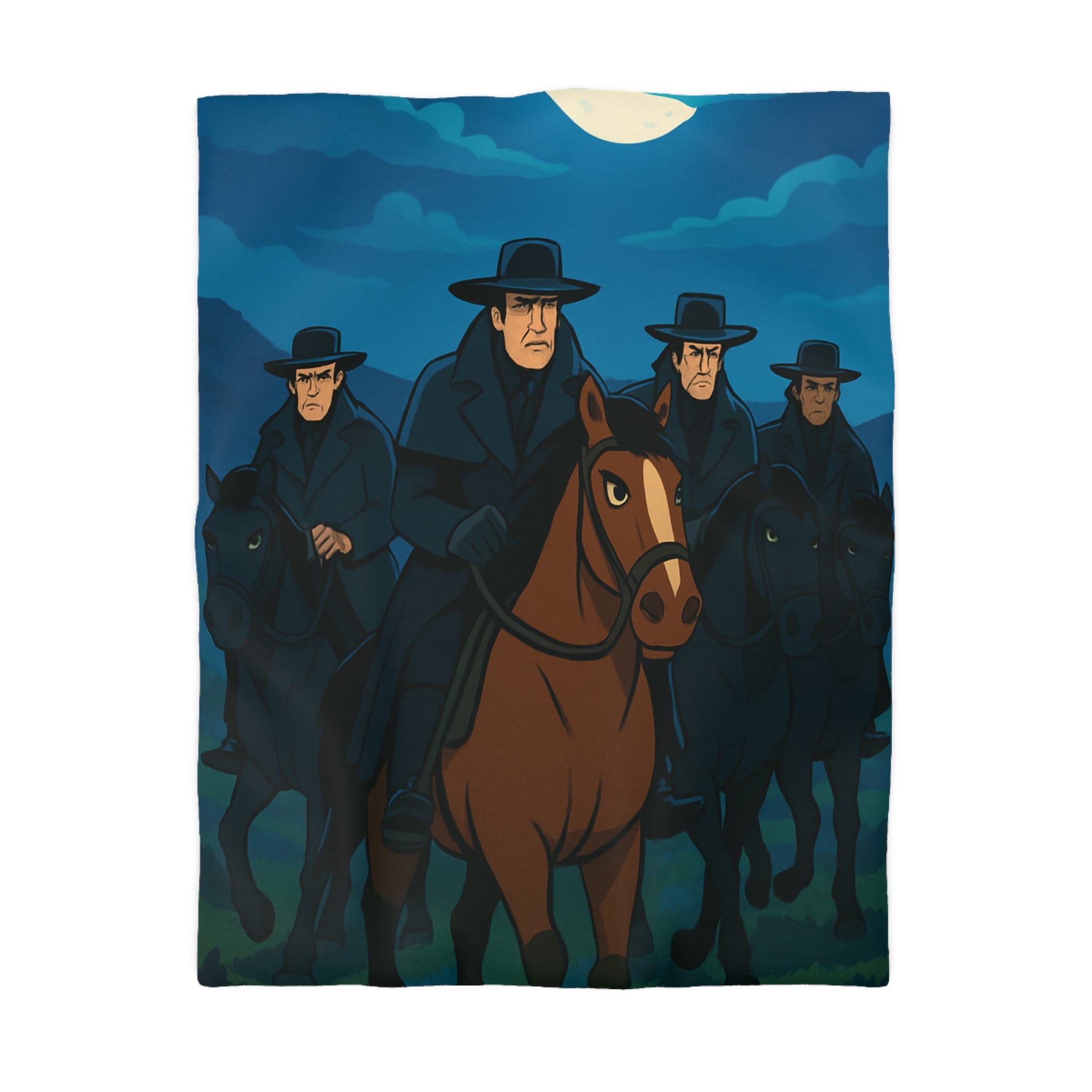 Housse de couette paysage nocturne cavalier sur cheval brun sous lune pleine