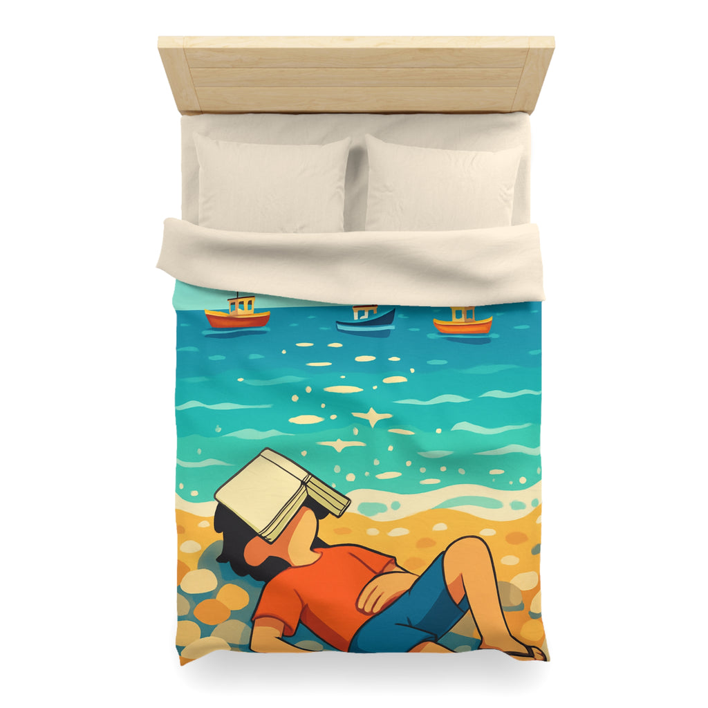 Housse de couette plage relaxante avec enfant, livre et mouettes en été ensoleillé