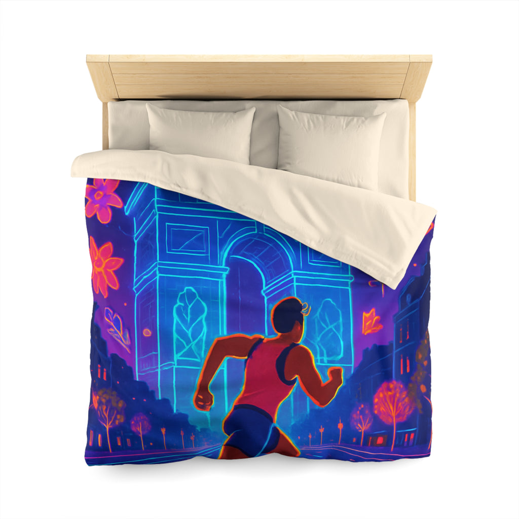 Housse de Couette Vibrante : Coureur Devant Monuments et Fleurs Scintillantes de Paris