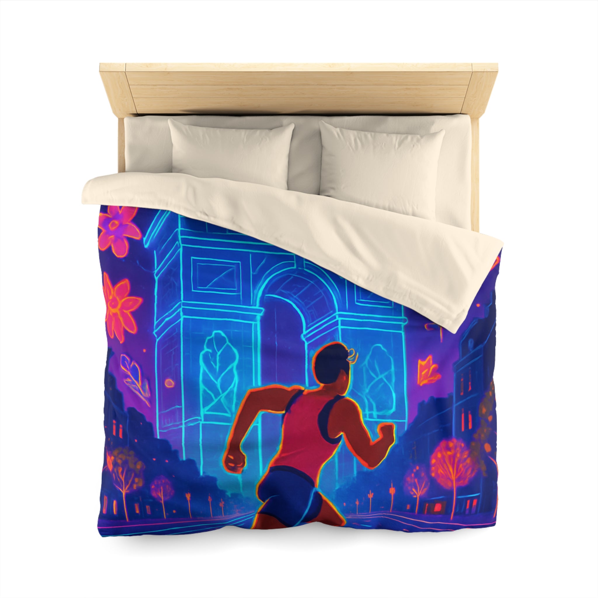 Housse de Couette Vibrante : Coureur Devant Monuments et Fleurs Scintillantes de Paris