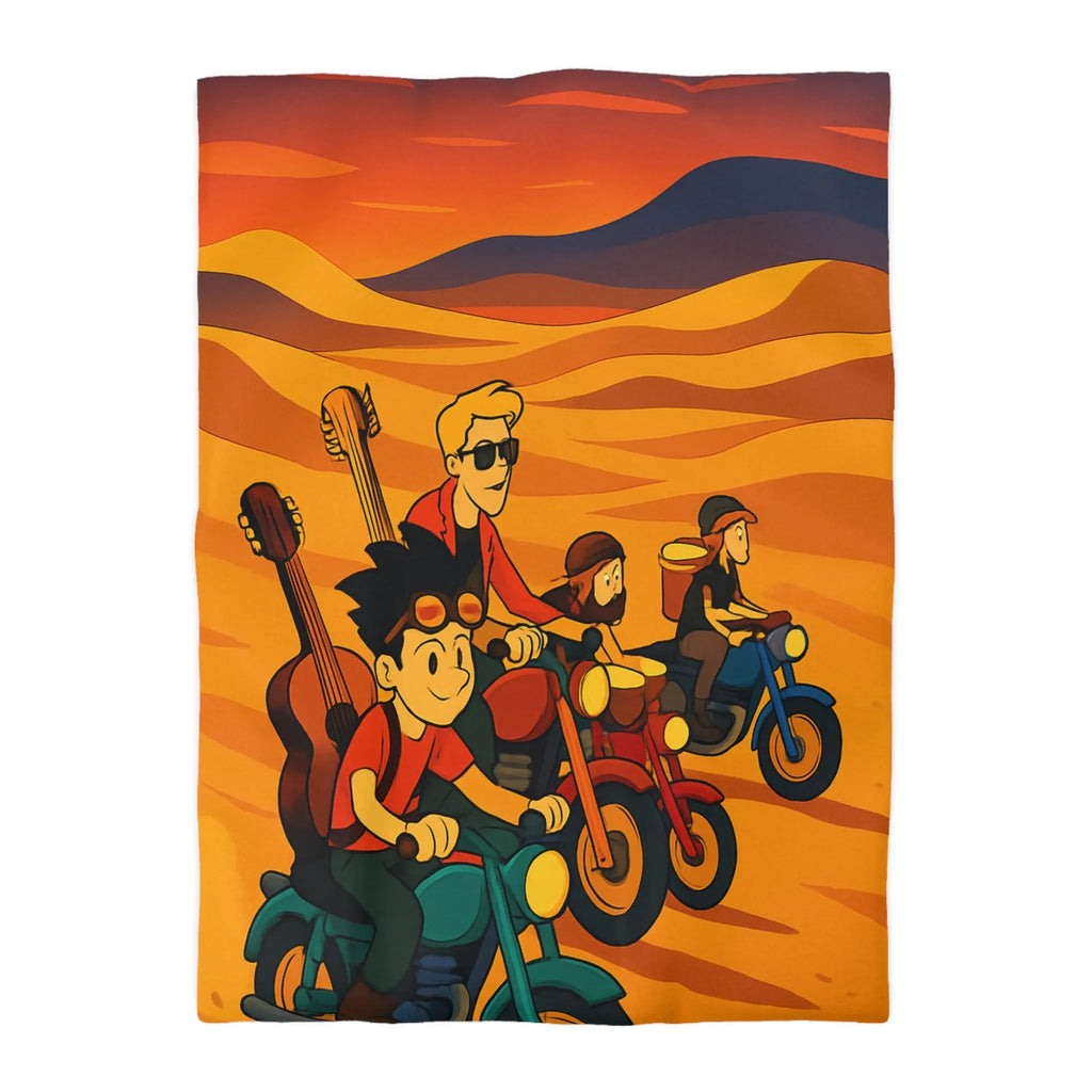 Housse de couette avec aventuriers à moto dans désert vibrant pour chambre unique