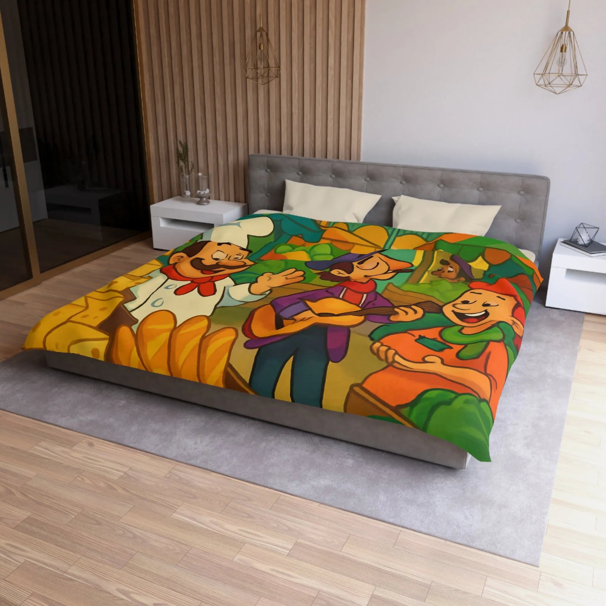 Explorez une Housse de Couette Animée de Marché Vivant Avec Fruits et Musiciens