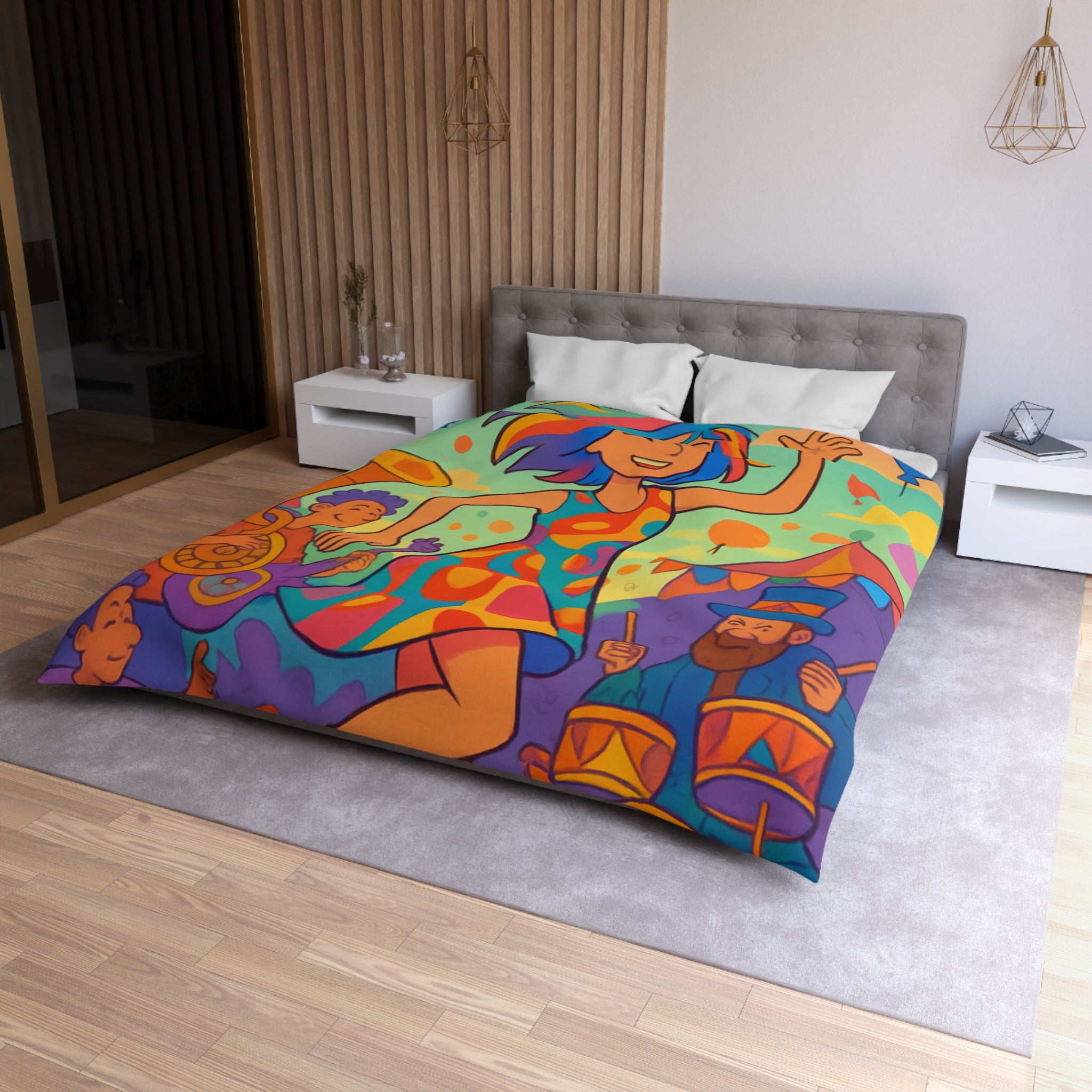 Housse de couette multicolore avec motif de fête joyeuse et personnages dansants