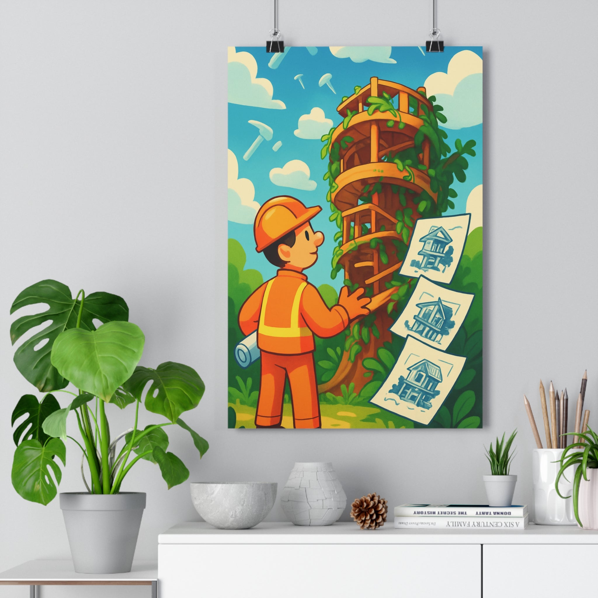 Poster décoratif cartoon orange bleu joyeux nature chambre enfant fantaisie créatif vibrant unique spirale