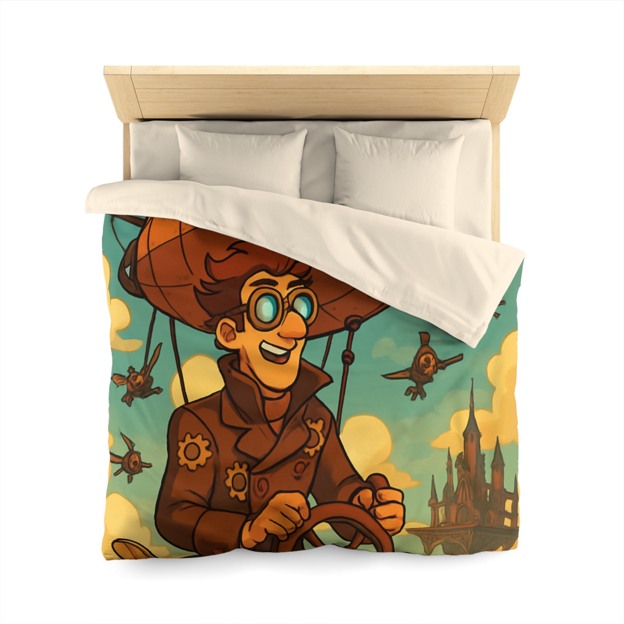 Housse de Couette Steampunk avec Ballon Dirigeable et Cité Volante dans le Ciel