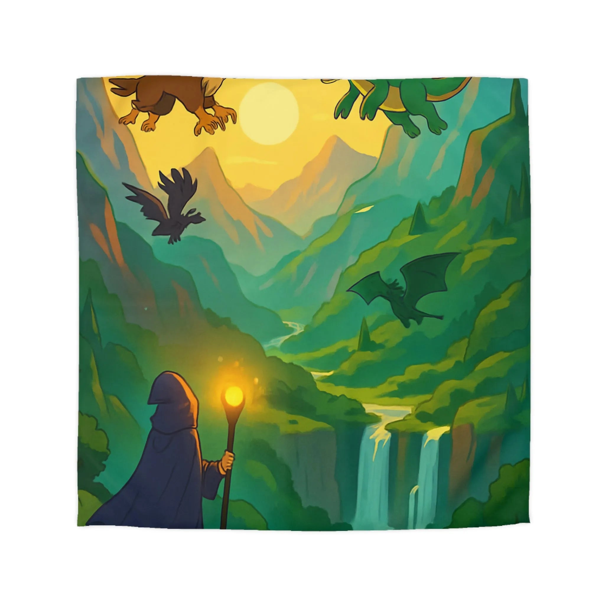 Épopée fantastique avec dragon et sorcier dans vallée mystique pour chambre aventureuse