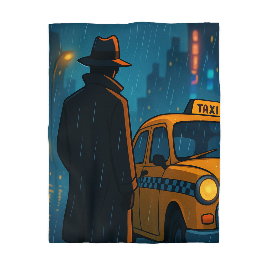 Mystérieux Homme En Imper Parapluie Noir Attendant Taxi Jaune Sous Pluie Urbaine Nocturne