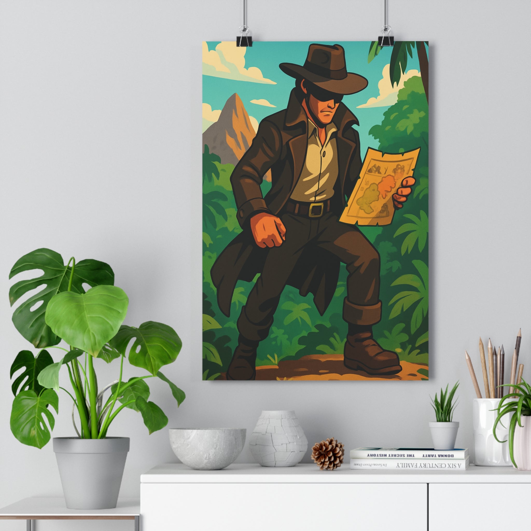Poster décoratif aventurier jungle vert bleu dessin animé mystique chambre bureau ambiance inspirante exploration