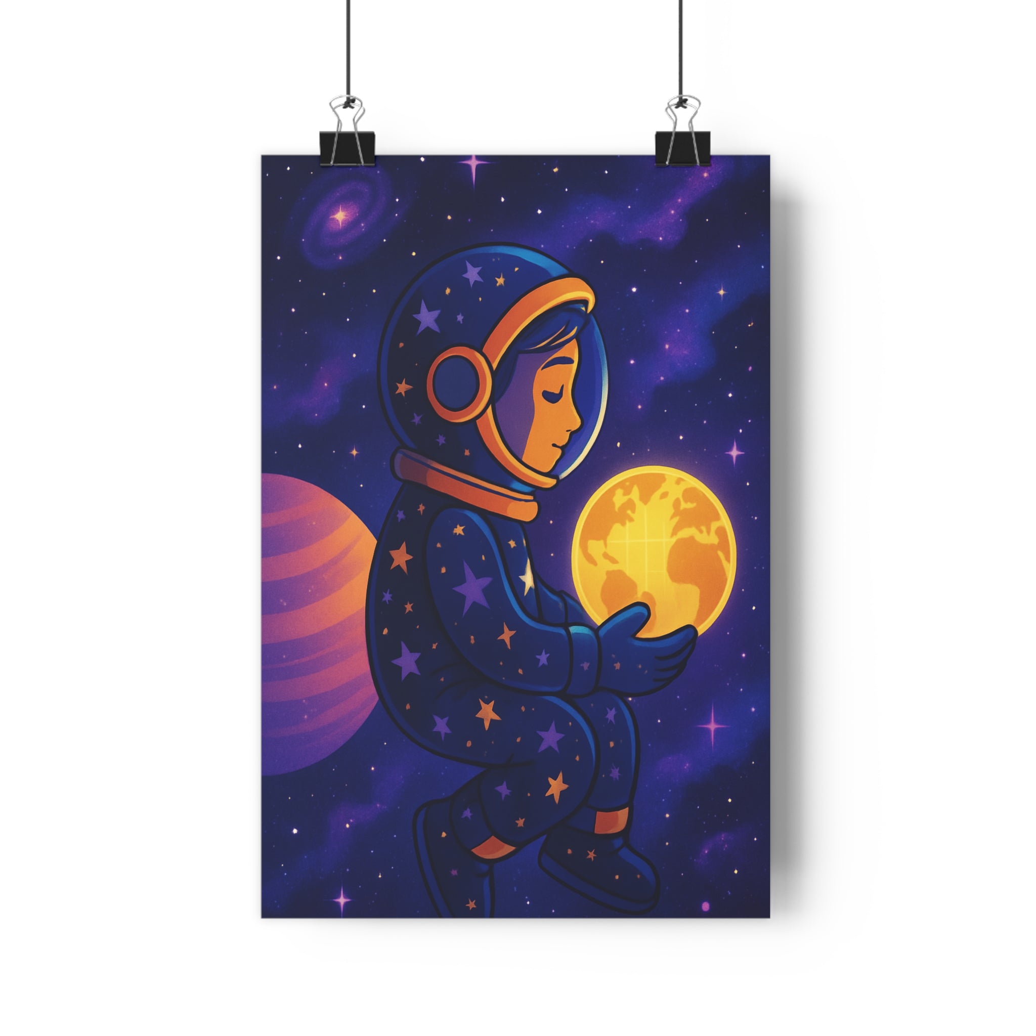 Poster décoratif enfant astronaute bleu jaune aventure mystique interstellaire chambre magique galaxie espace étoilé
