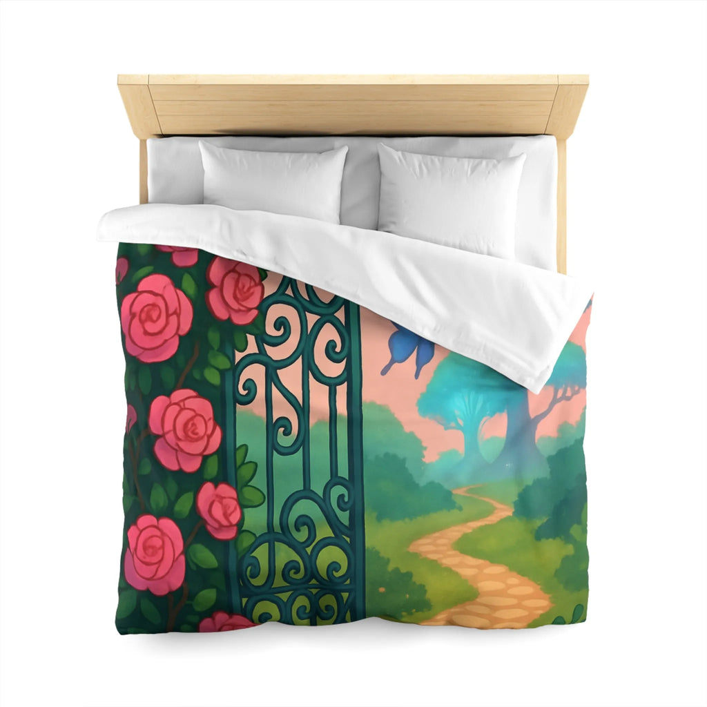 Belle housse de couette féerique avec portail fleuri et papillons colorés, jardins enchanteurs