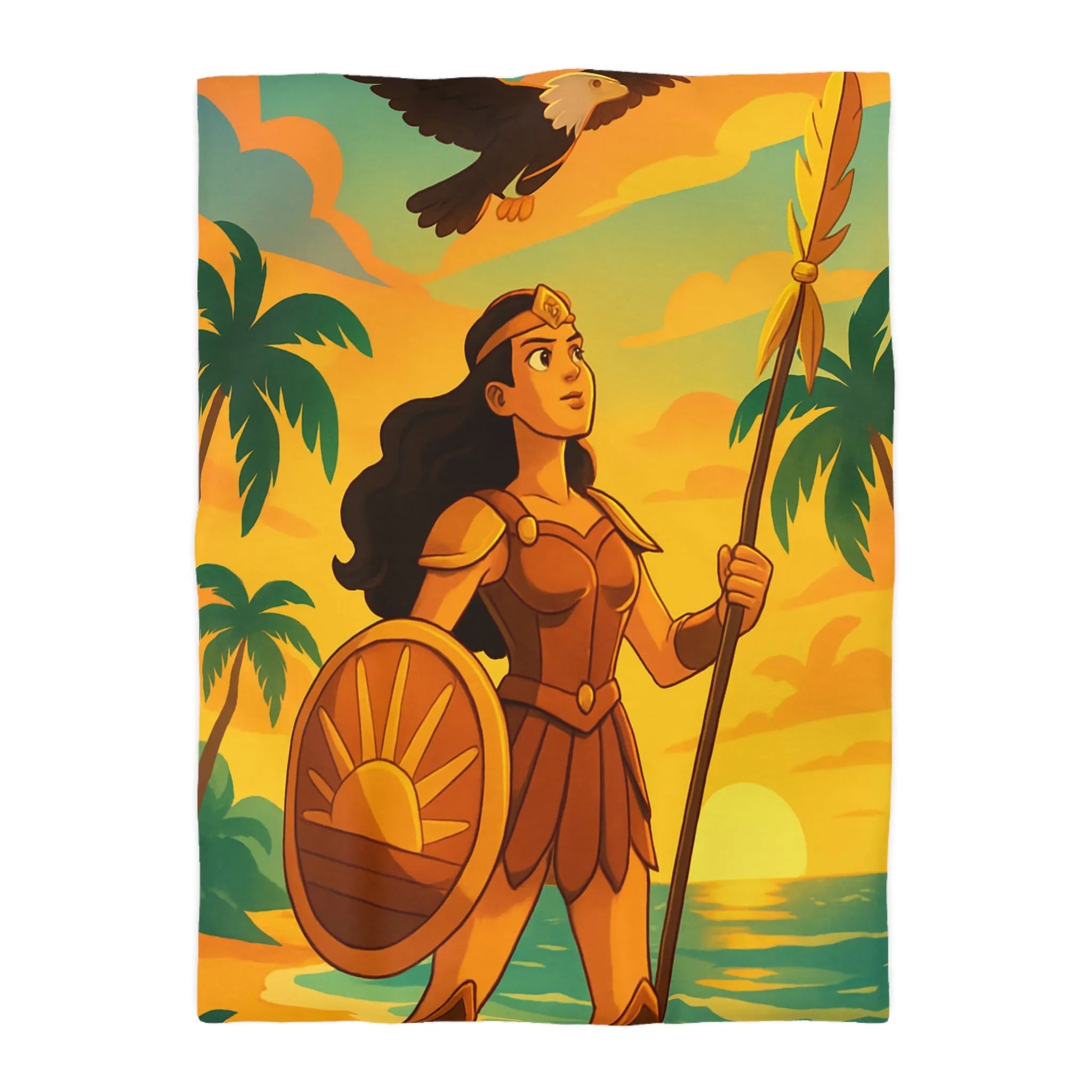 Housse de couette avec guerrière et aigle au coucher du soleil sur la plage