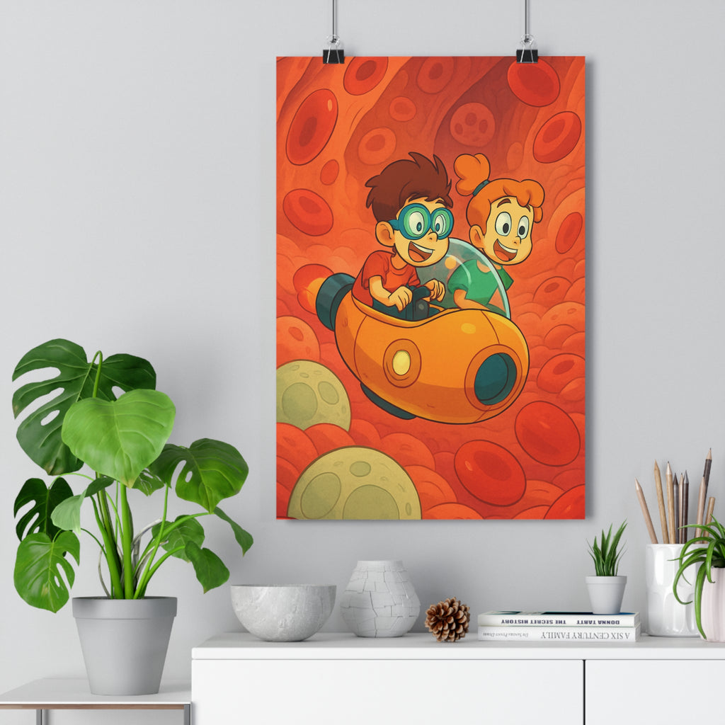 Poster décoratif éducatif enfants couleur ludique aventure microscopique chambre jeux cartoon rouge orange 30x46