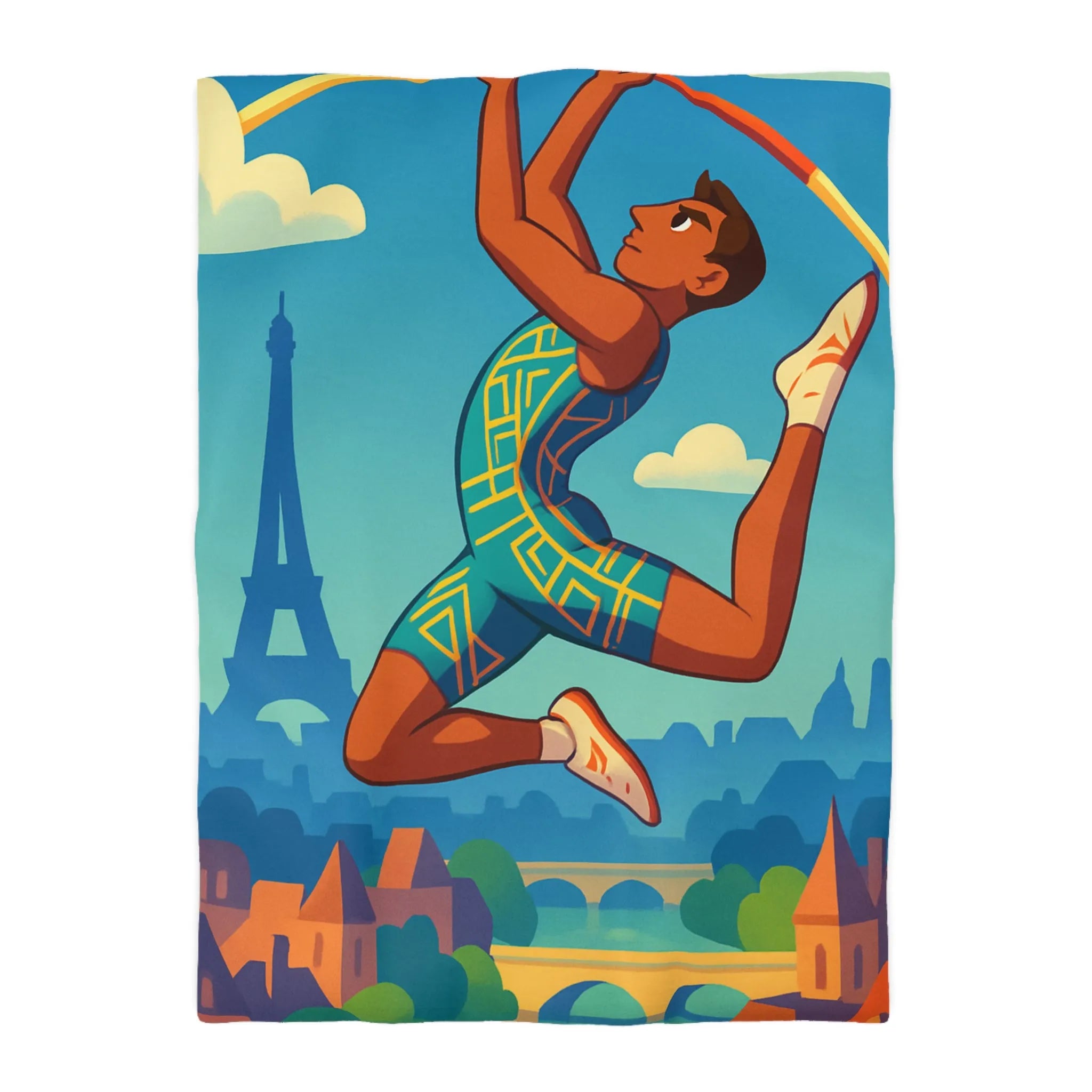 Housse de couette athlète sautant en ville avec ciel bleu et monuments célèbres