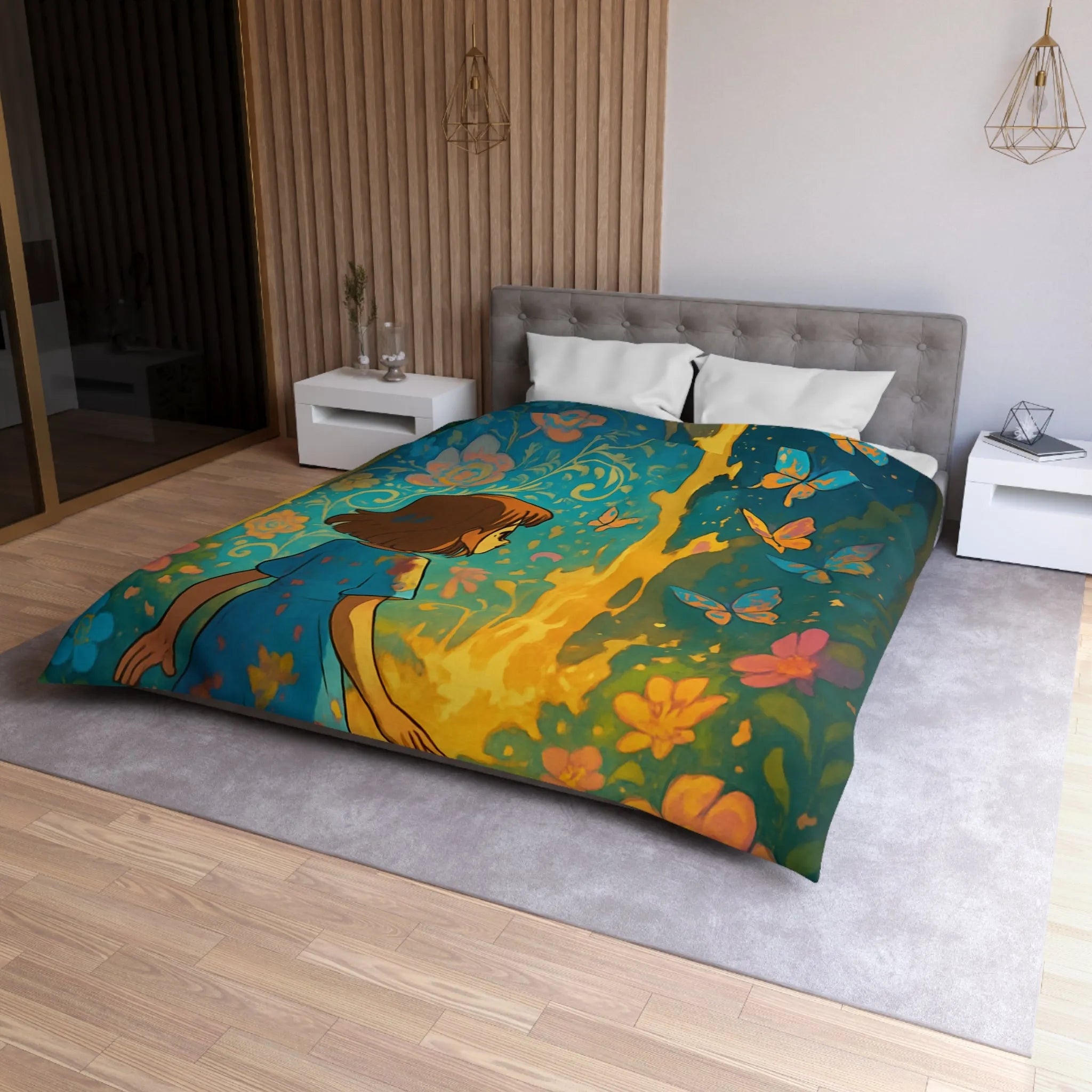 Housse de Couette Enfantine Féerique avec Papillons et Fleurs, Tons Vifs et Lumineux