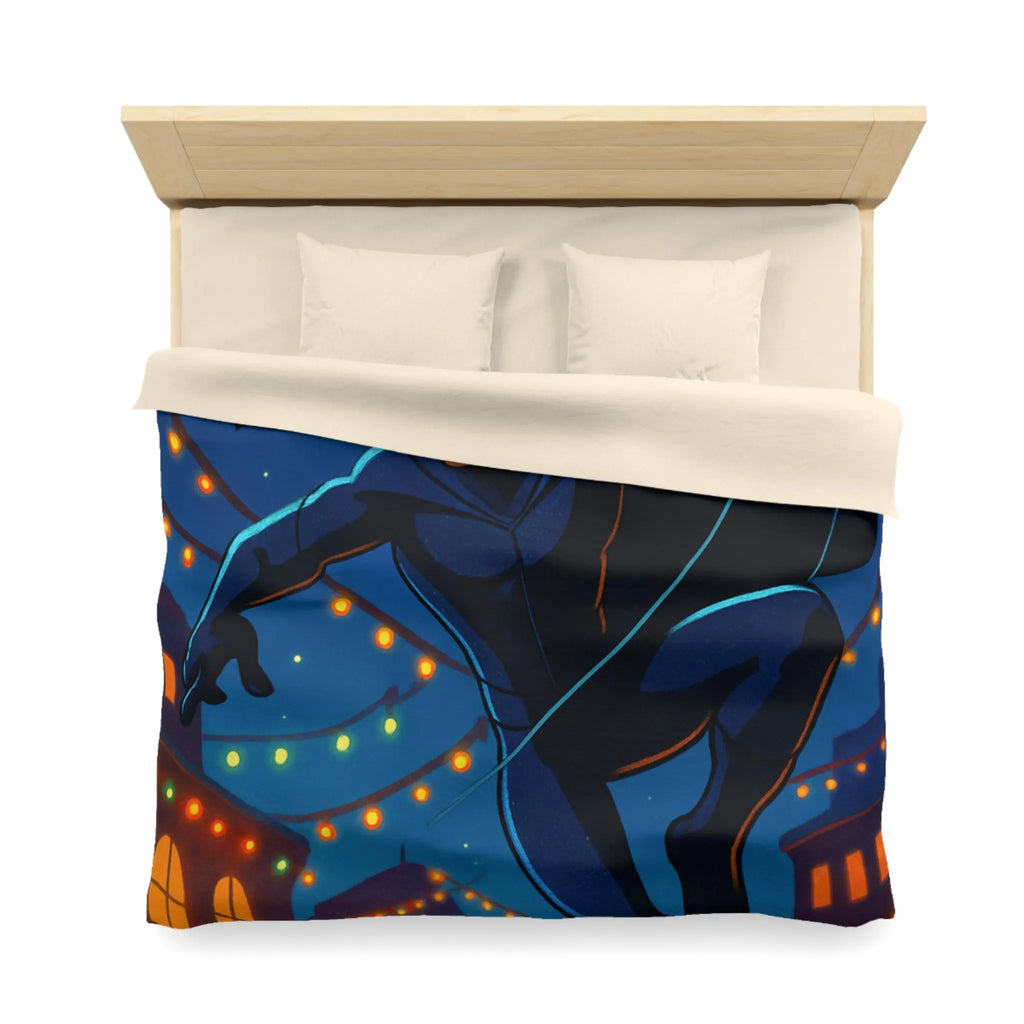 Housse de couette avec héros nocturne, ciel étoilé et décorations festives lumineuses