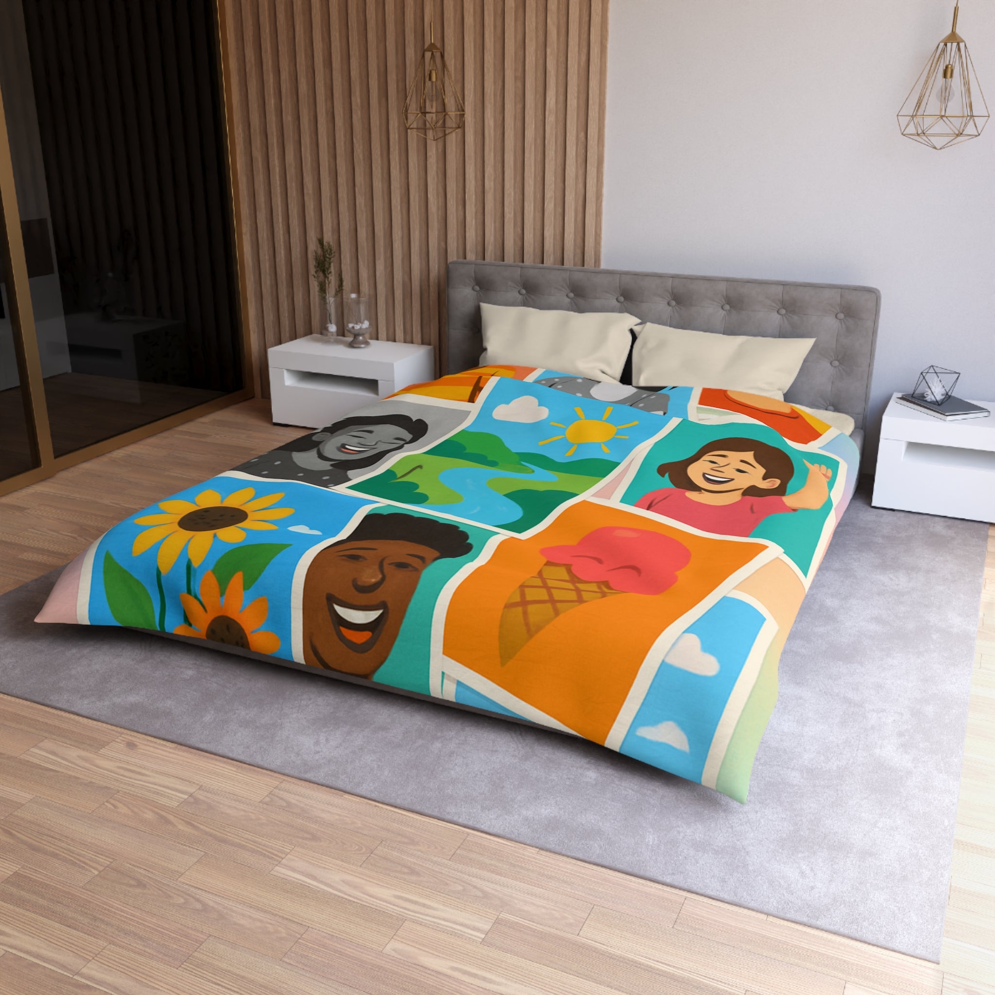 Vibrante housse de couette colorée avec portraits joyeux et paysages ensoleillés pour chambre