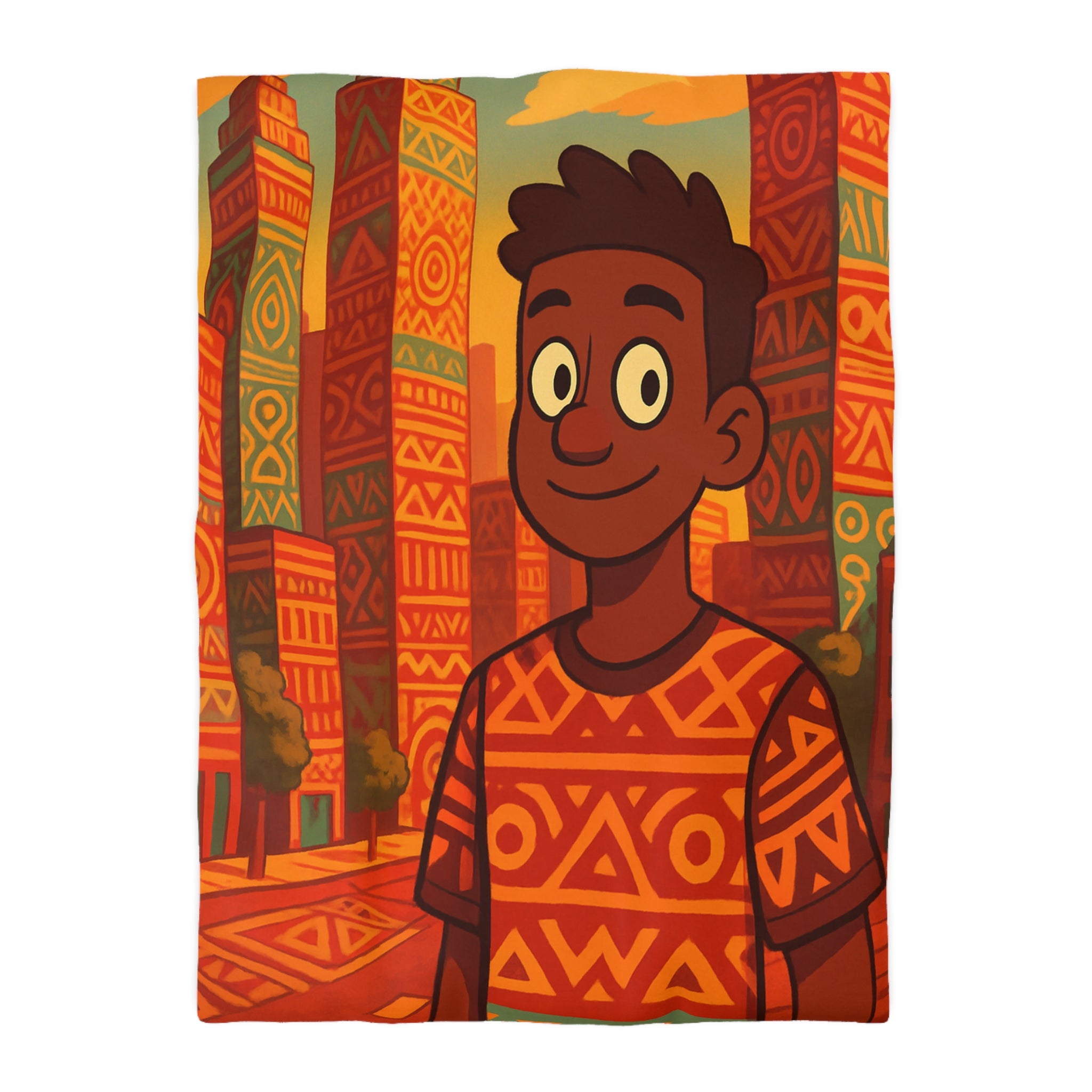 Housse de Couette Personnage Souriant avec Motifs Géométriques et Gratte-Ciel Colorés