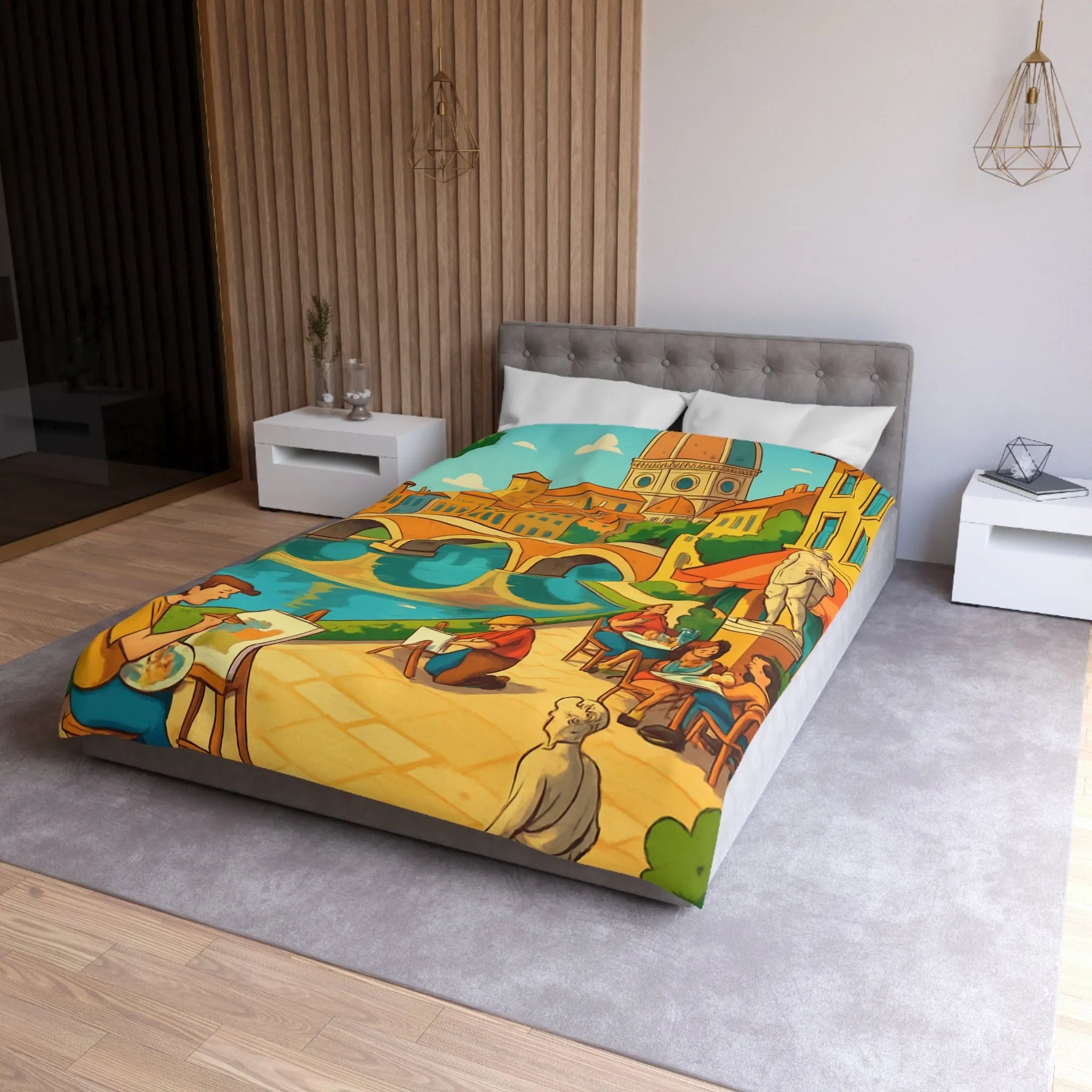 Housse de couette inspirée de ville artistique avec pont et cathédrale colorée