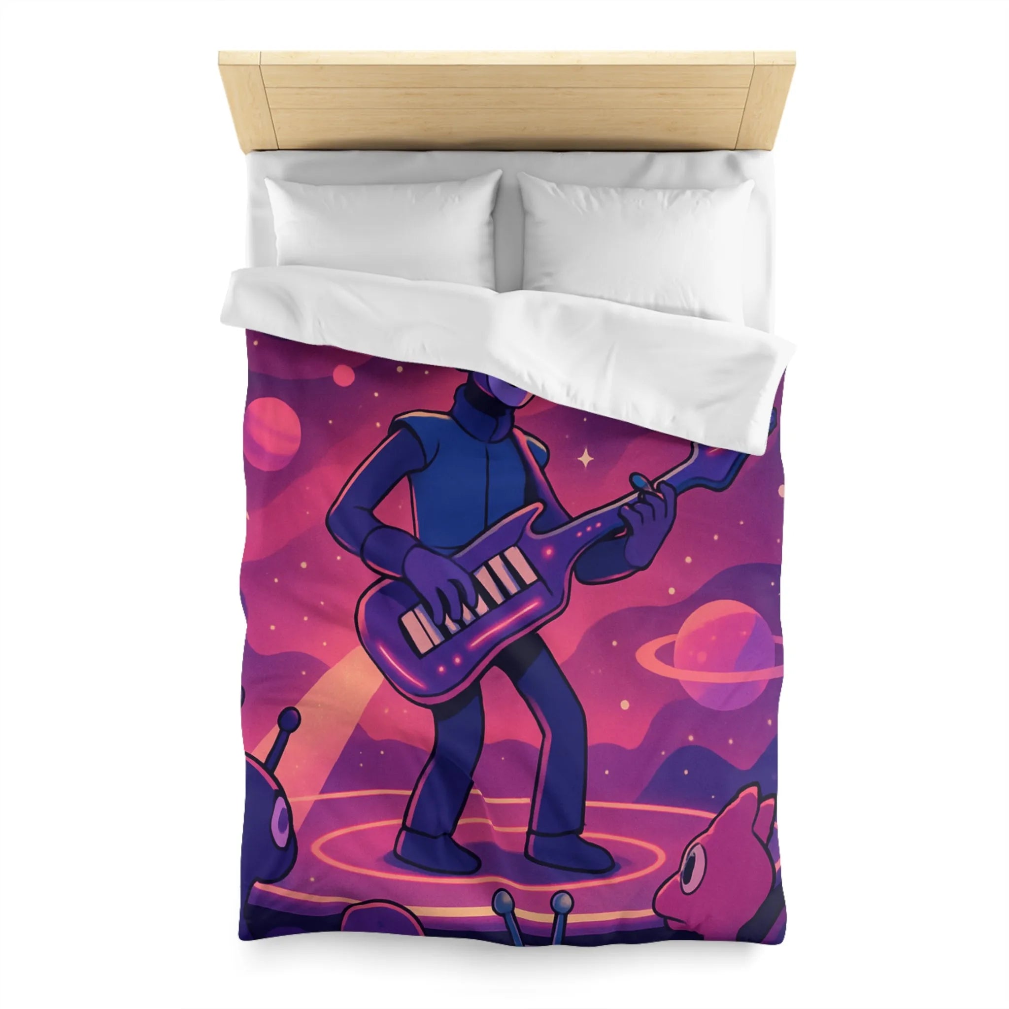 Housse de couette colorée avec astronaute jouant de la guitare dans l’espace cosmique magique