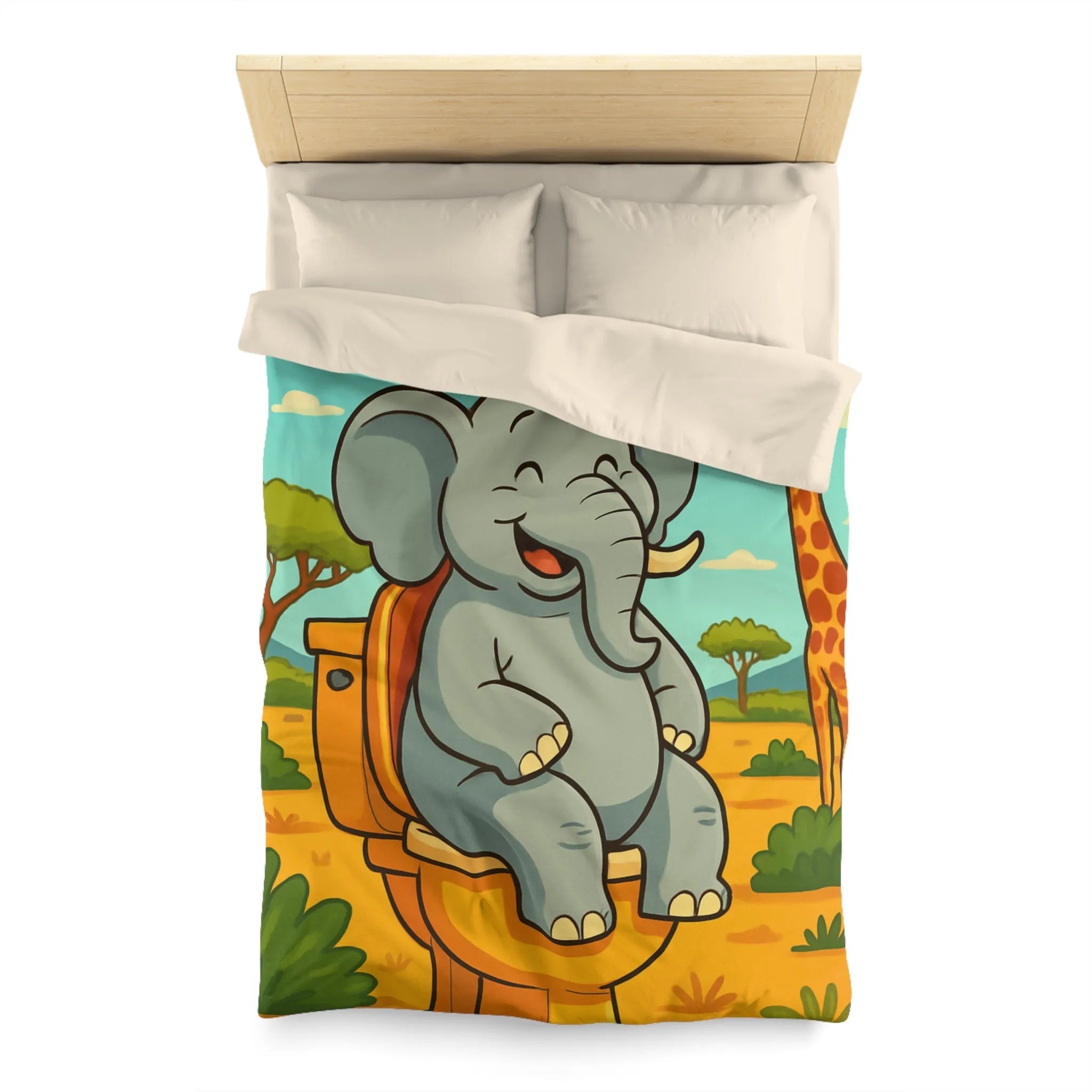 Housse de couette joyeuse éléphant sur toilettes en pleine savane colorée