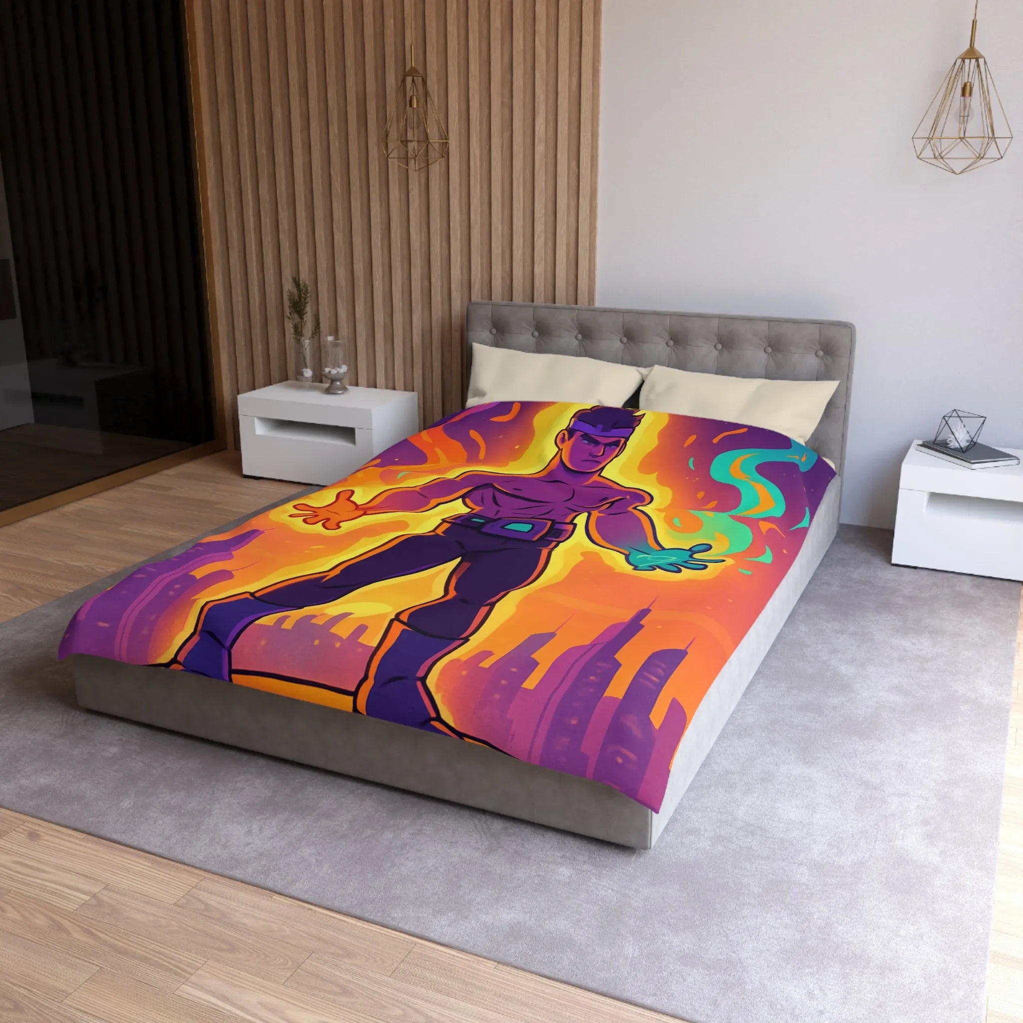 Housse de couette avec héros des éléments enflammés et lumineux sur fond de ville