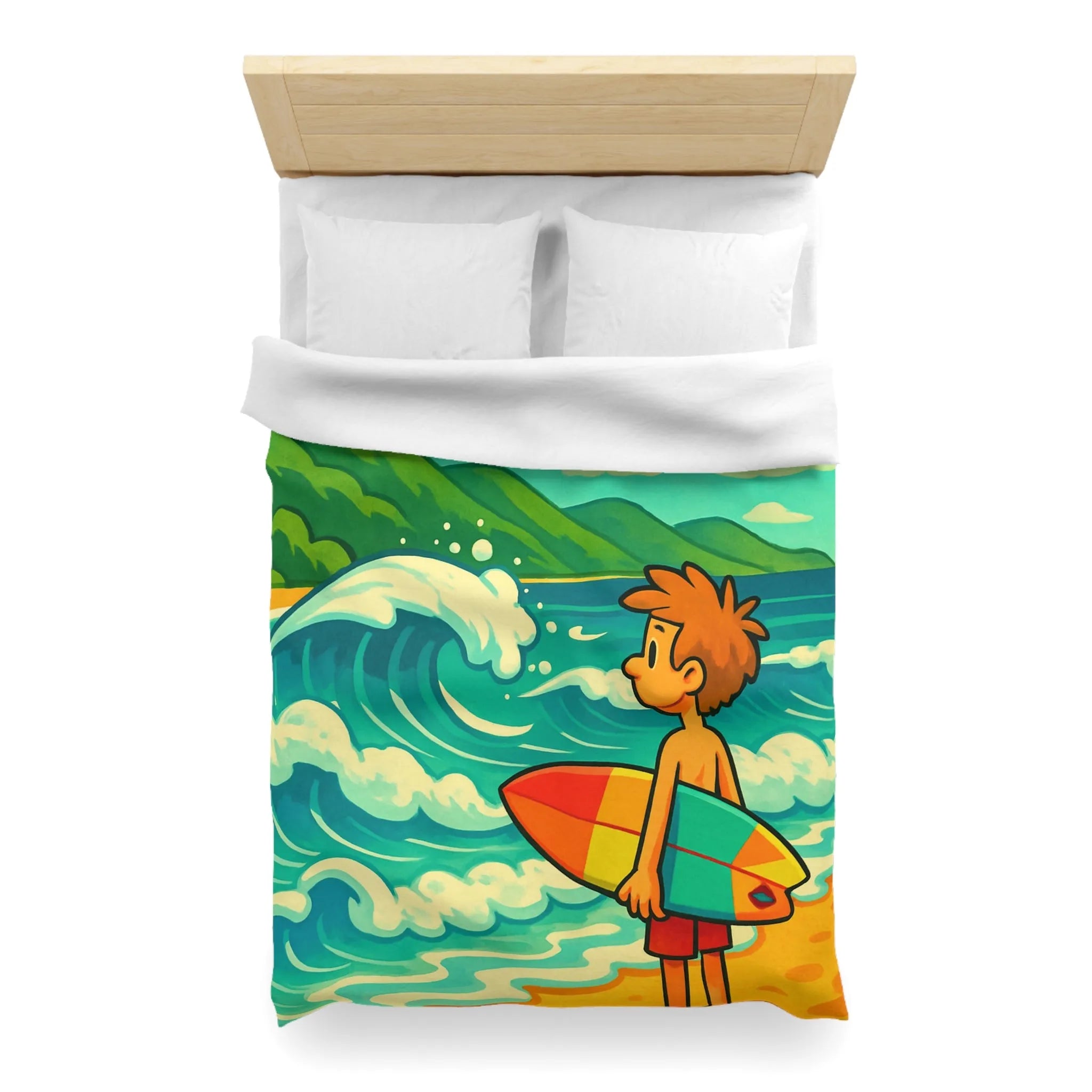 Housse de couette avec dessin coloré de plage pour enfants et surfeur