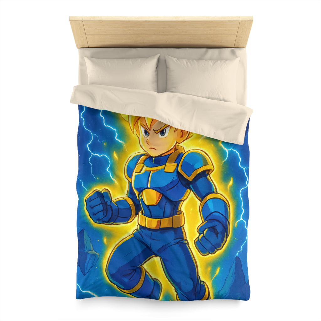 Housse de couette vibrante avec héros en armure bleue et rayons lumineux intenses