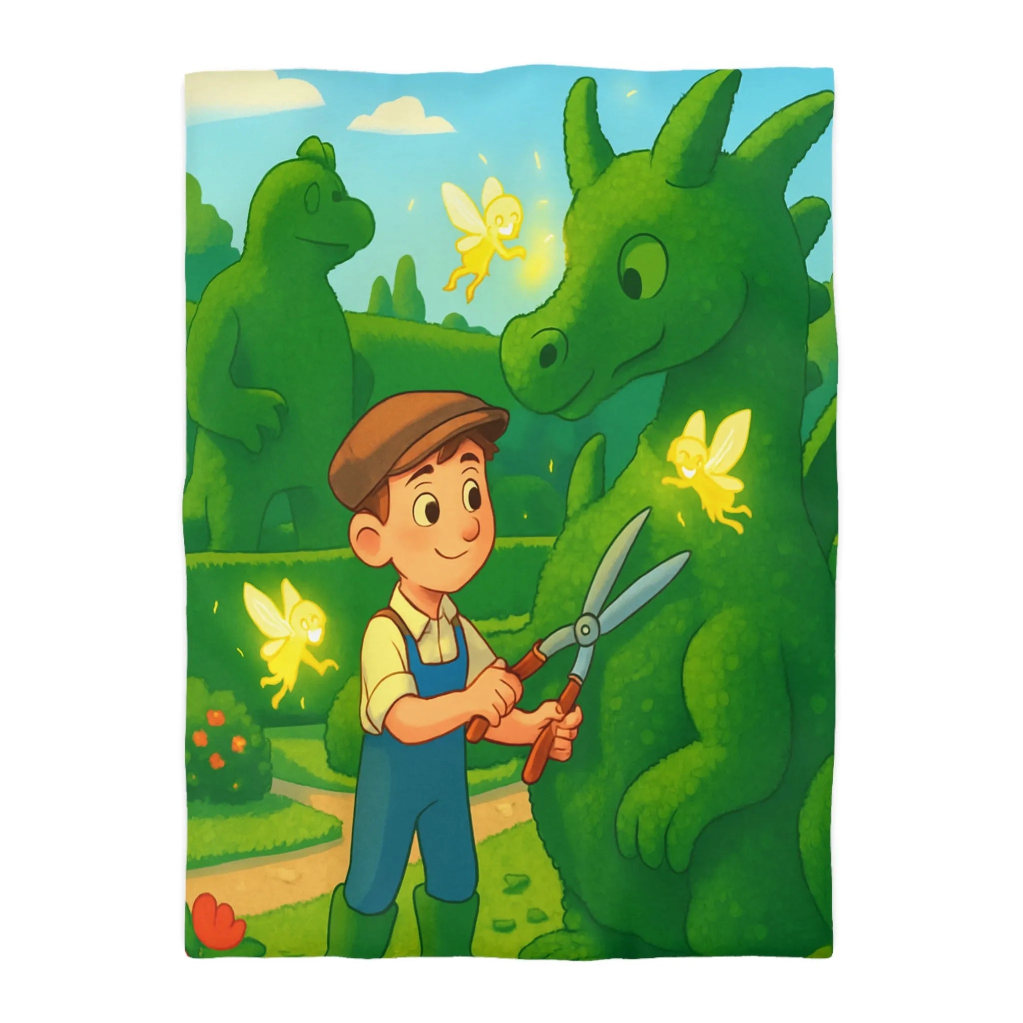 Housse de couette enfant dragon féérique avec jardin, verdure et ambiance magique naturelle