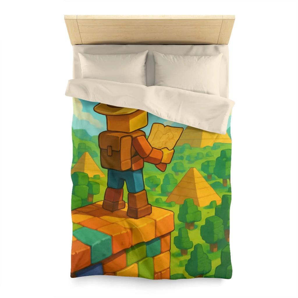 Housse de Couette Ludique Aventure Pixelisée Explorateur Carte Forêt Pyramide Enfant