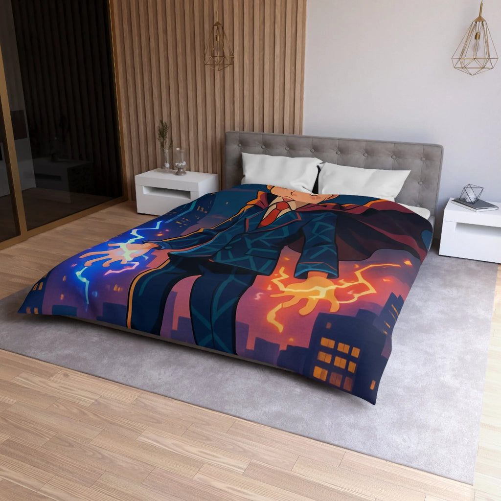 Housse de couette avec jeune magicien urbain; électricité magique, ambiance ville nocturne