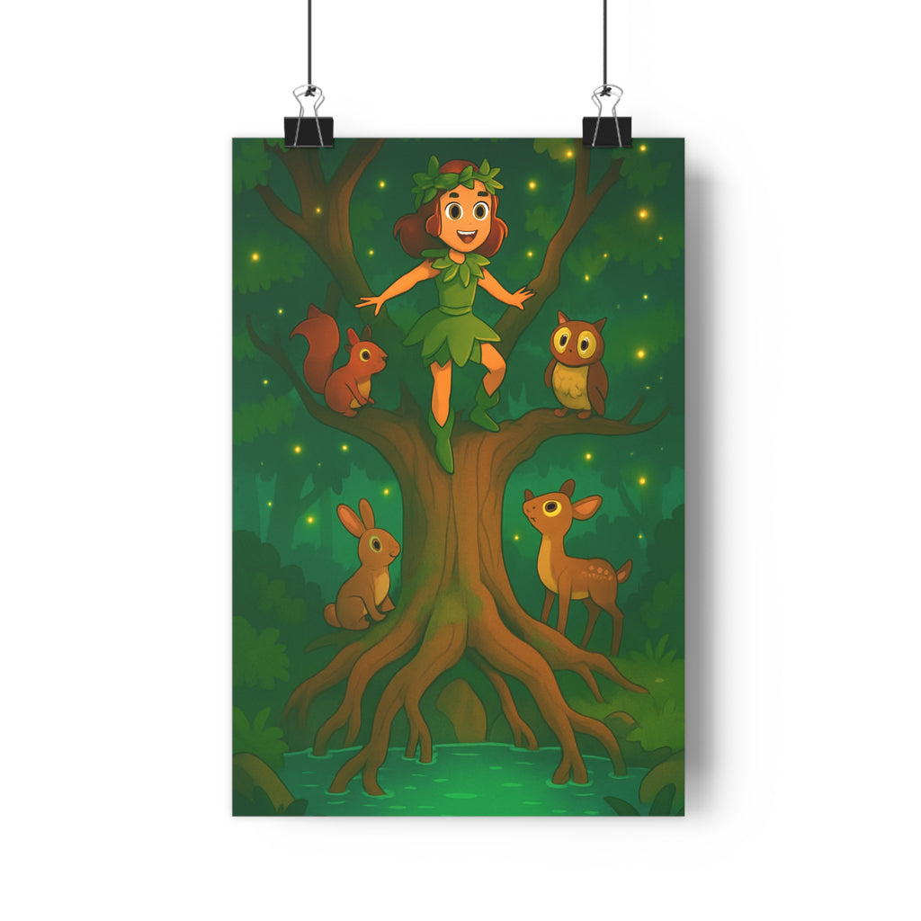 Poster décoratif forêt enchantée vert marron conte fées magique enfant nature artistique écologie chambre