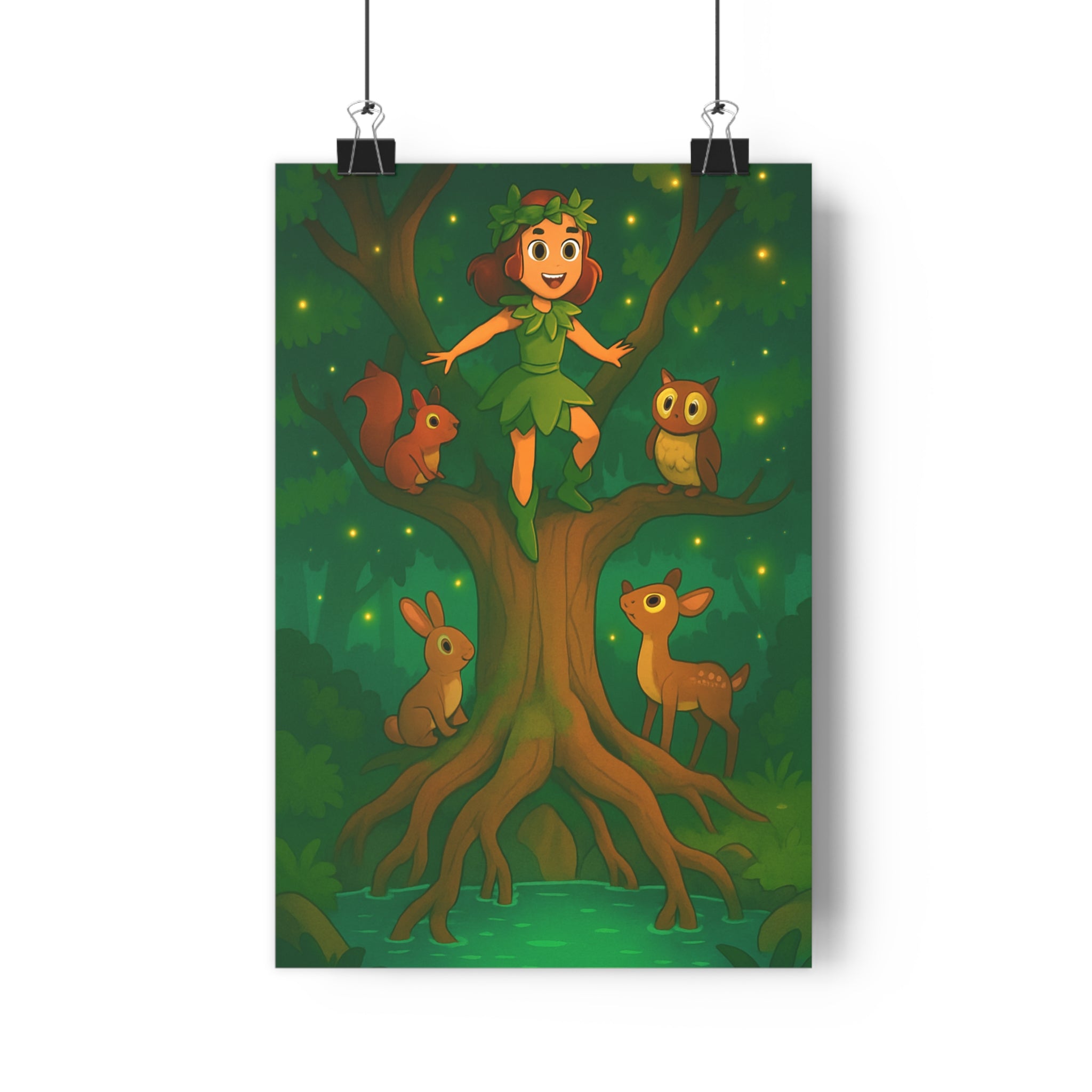 Poster décoratif forêt enchantée vert marron conte fées magique enfant nature artistique écologie chambre