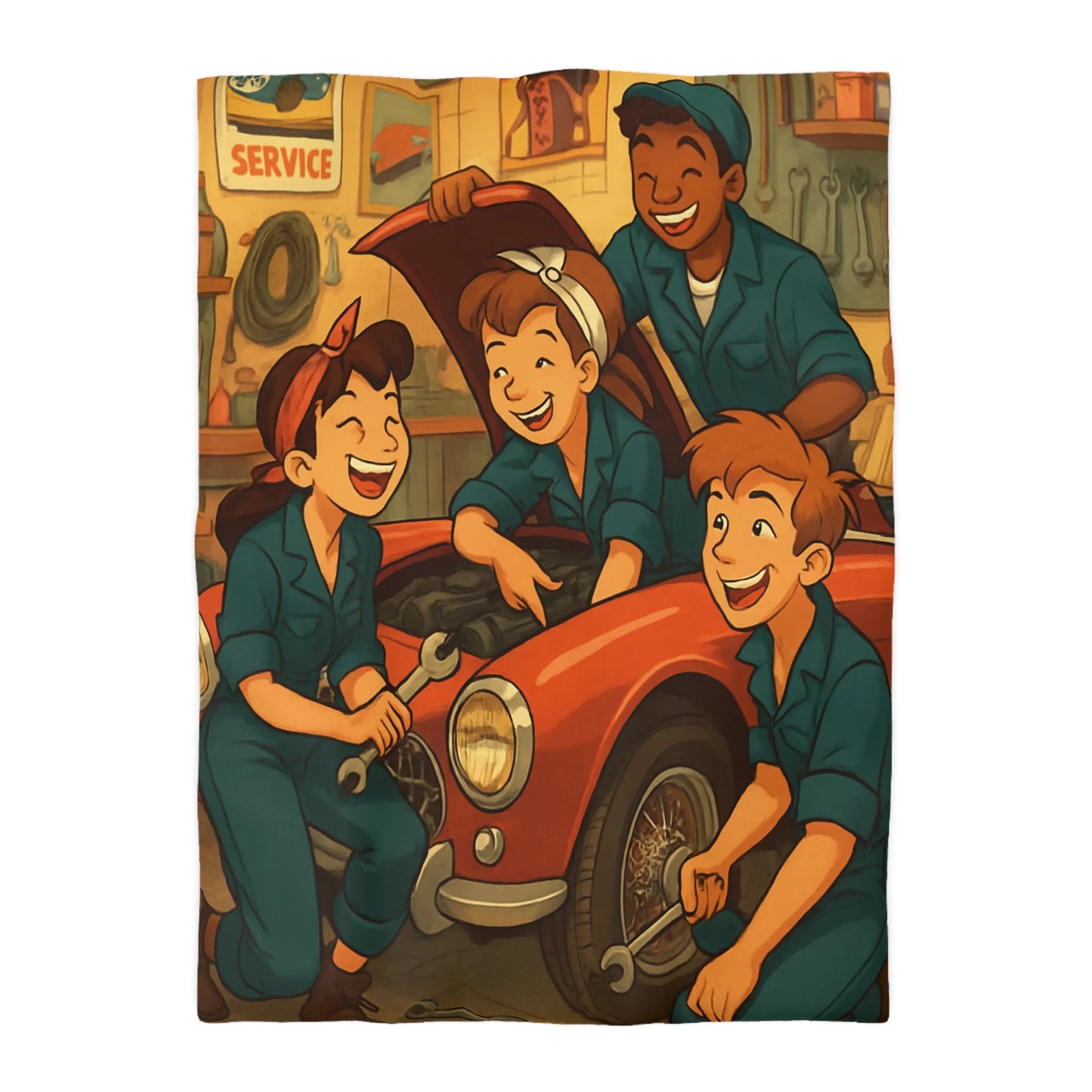 Housse de couette atelier mécanique vintage avec jeunes mécaniciens et voiture rouge joyeuse