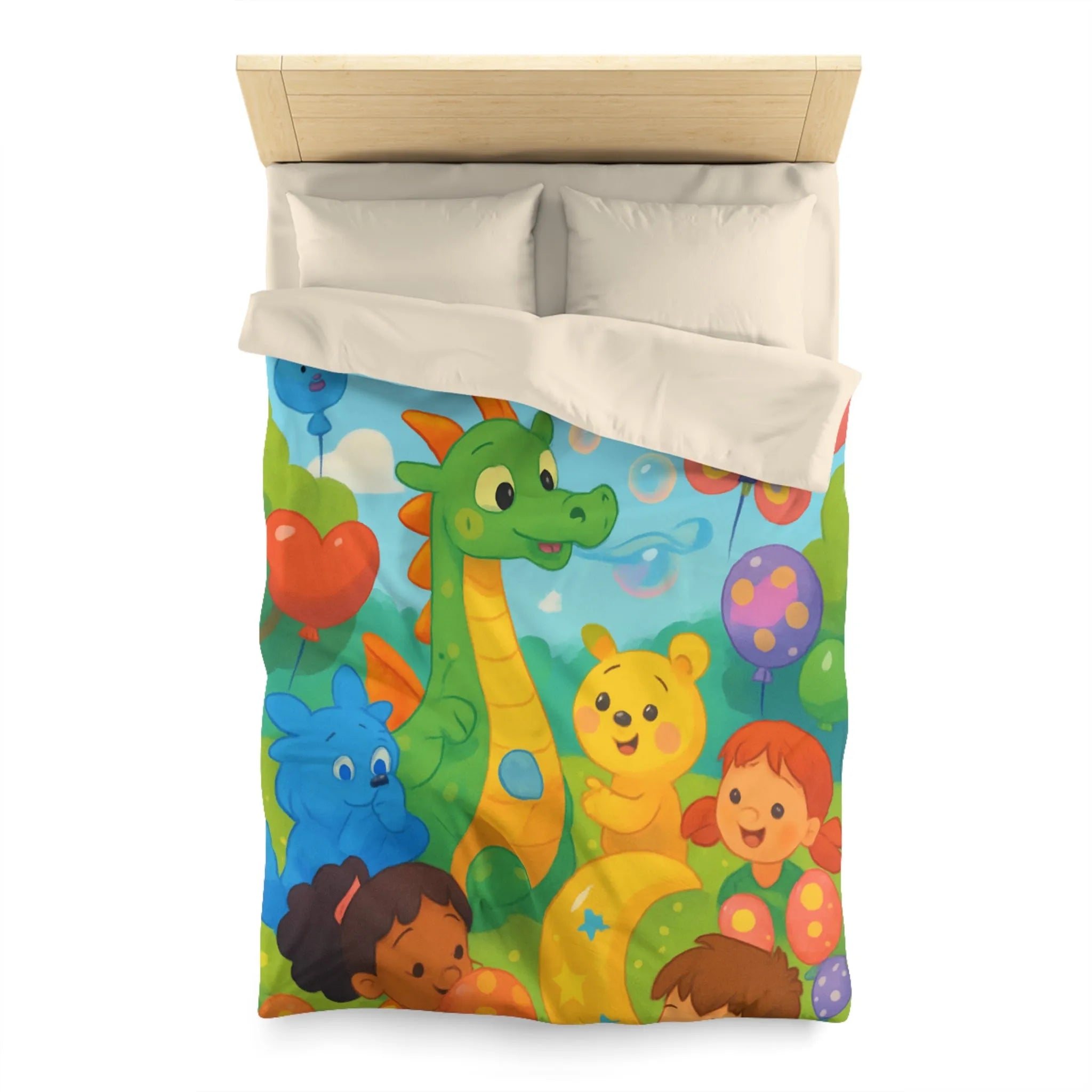 Housse de Couette Enfant Fantaisie Animaux et Ballons Colorés pour Chambre Féérique