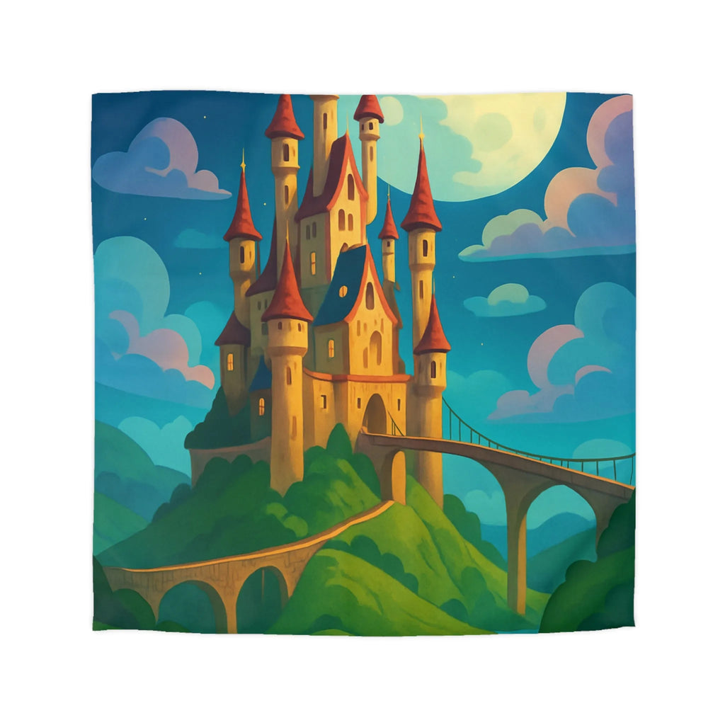 Housse de couette château féerique illuminé par la lune dans un paysage enchanteur nocturne