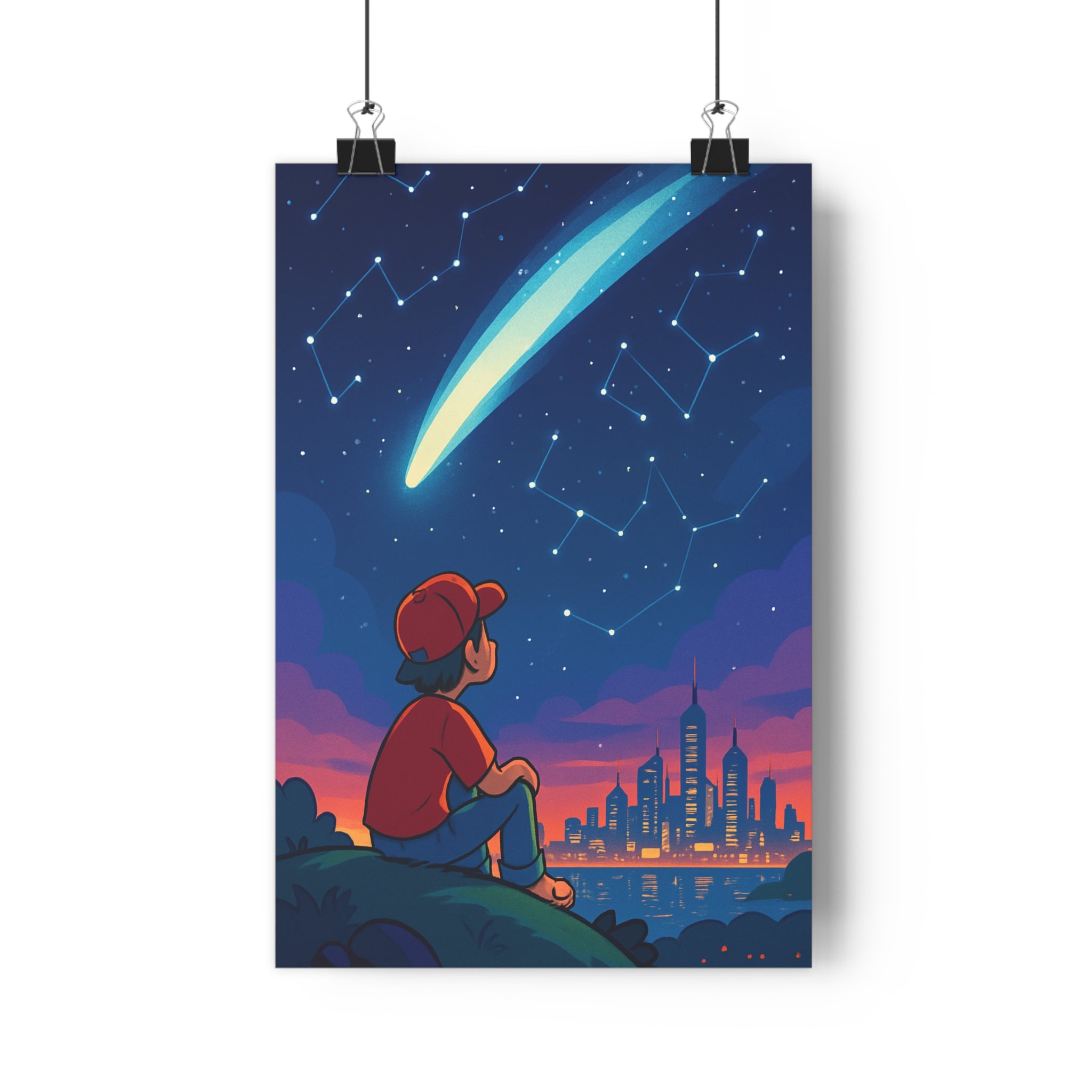 Poster décoratif contemporain rêve étoilé bleu orange mystique chambre enfant design créatif apaisant élégant